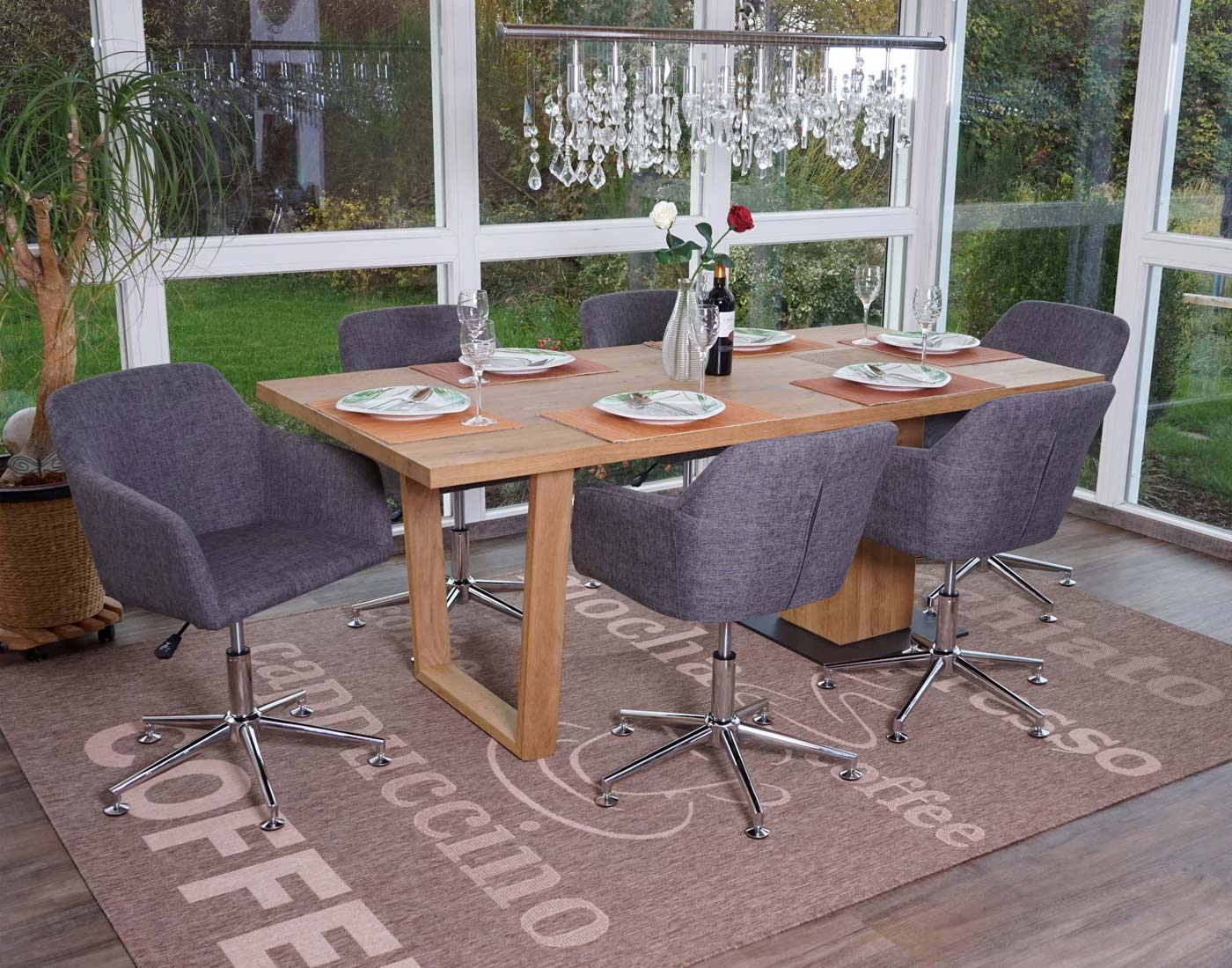 6er-Set Esszimmerstuhl MCW-A74, Drehstuhl Loungesessel, h&ouml;henverstellbar ~ Textil, grau 