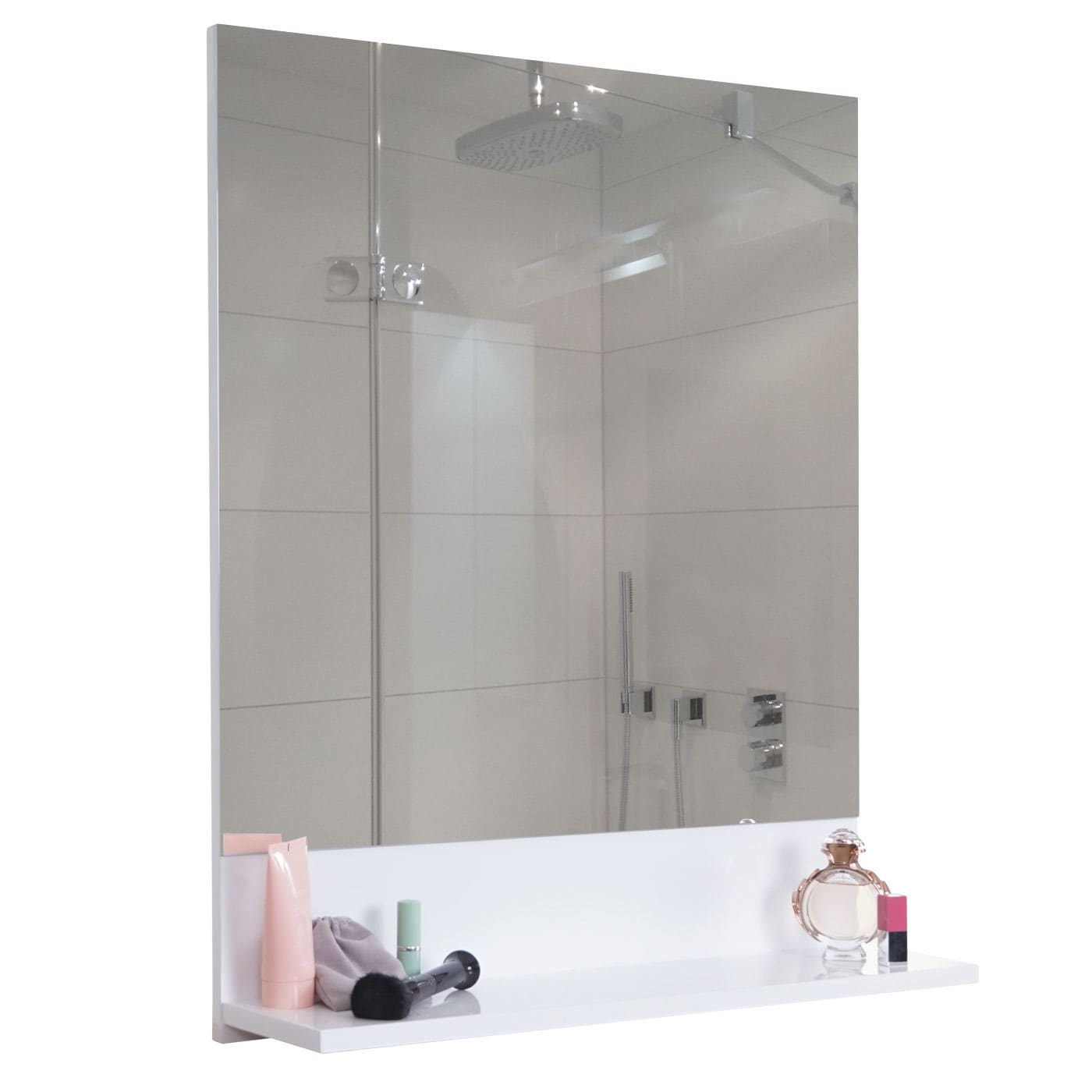 Wandspiegel mit Ablage MCW-B19, Badspiegel Badezimmer, hochglanz 75x60cm ~ wei&szlig; 