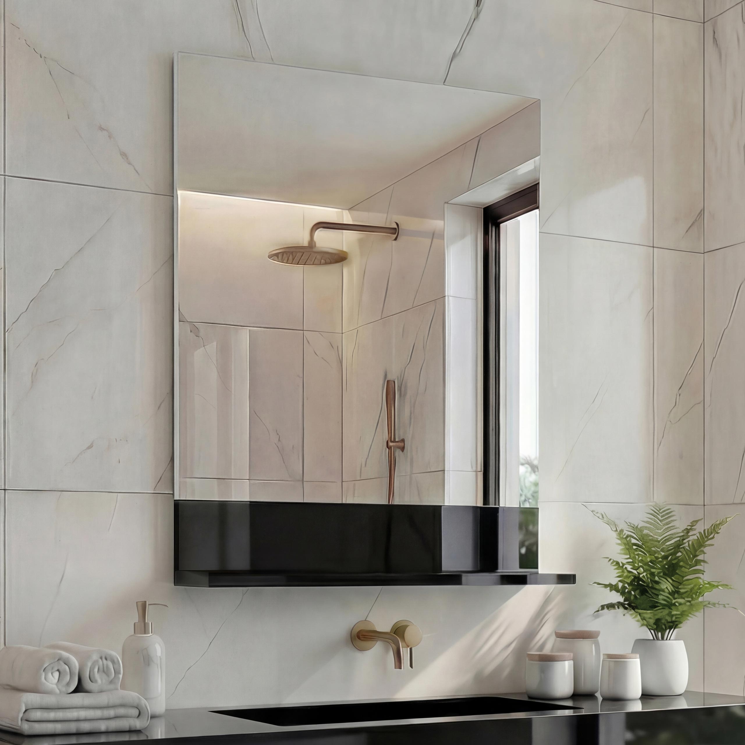 Wandspiegel mit Ablage MCW-B19, Badspiegel Badezimmer, hochglanz 75x60cm ~ schwarz 