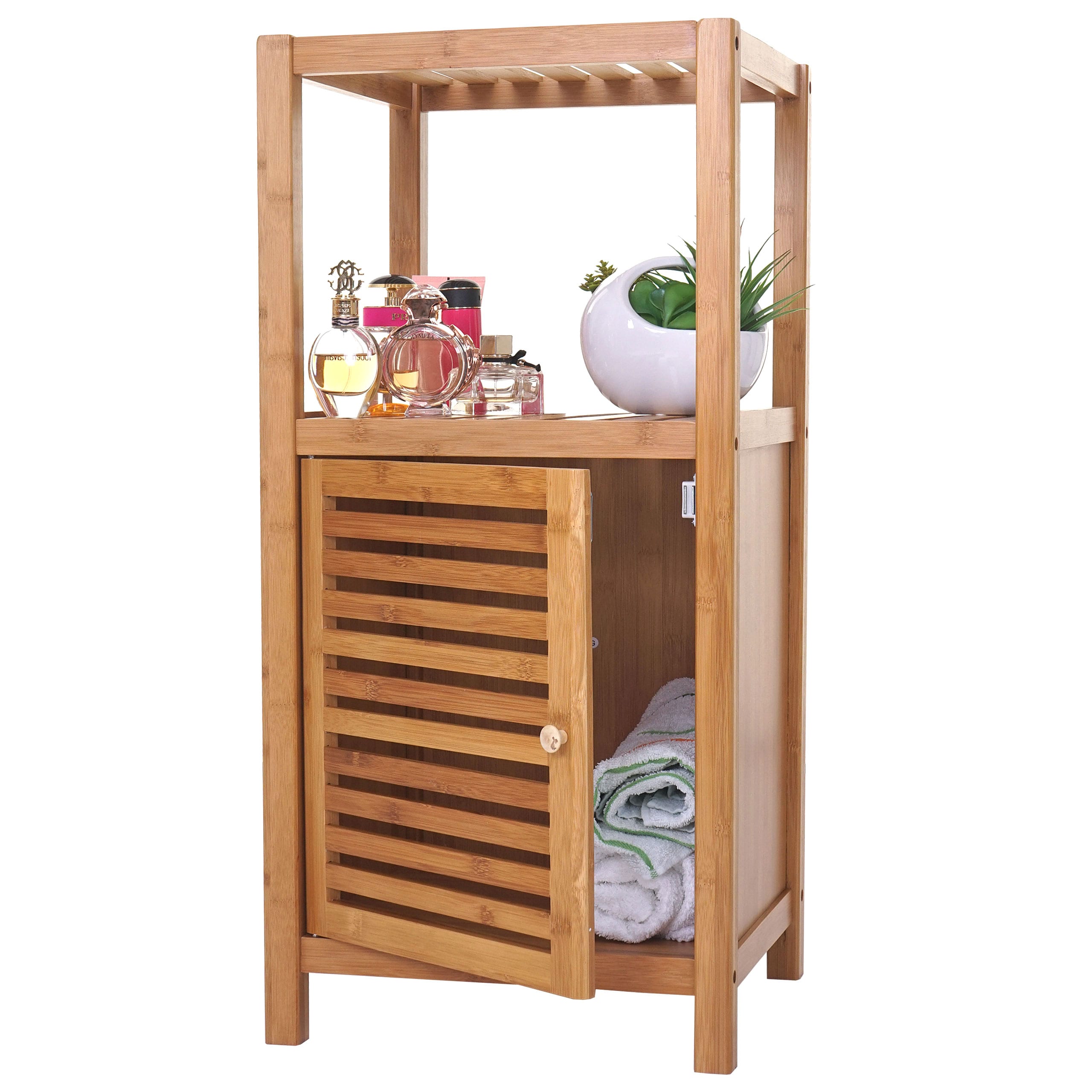 Badregal MCW-B18, Badezimmer Badschrank Standregal mit T&uuml;r, Bambus ~ 80x36x34cm 