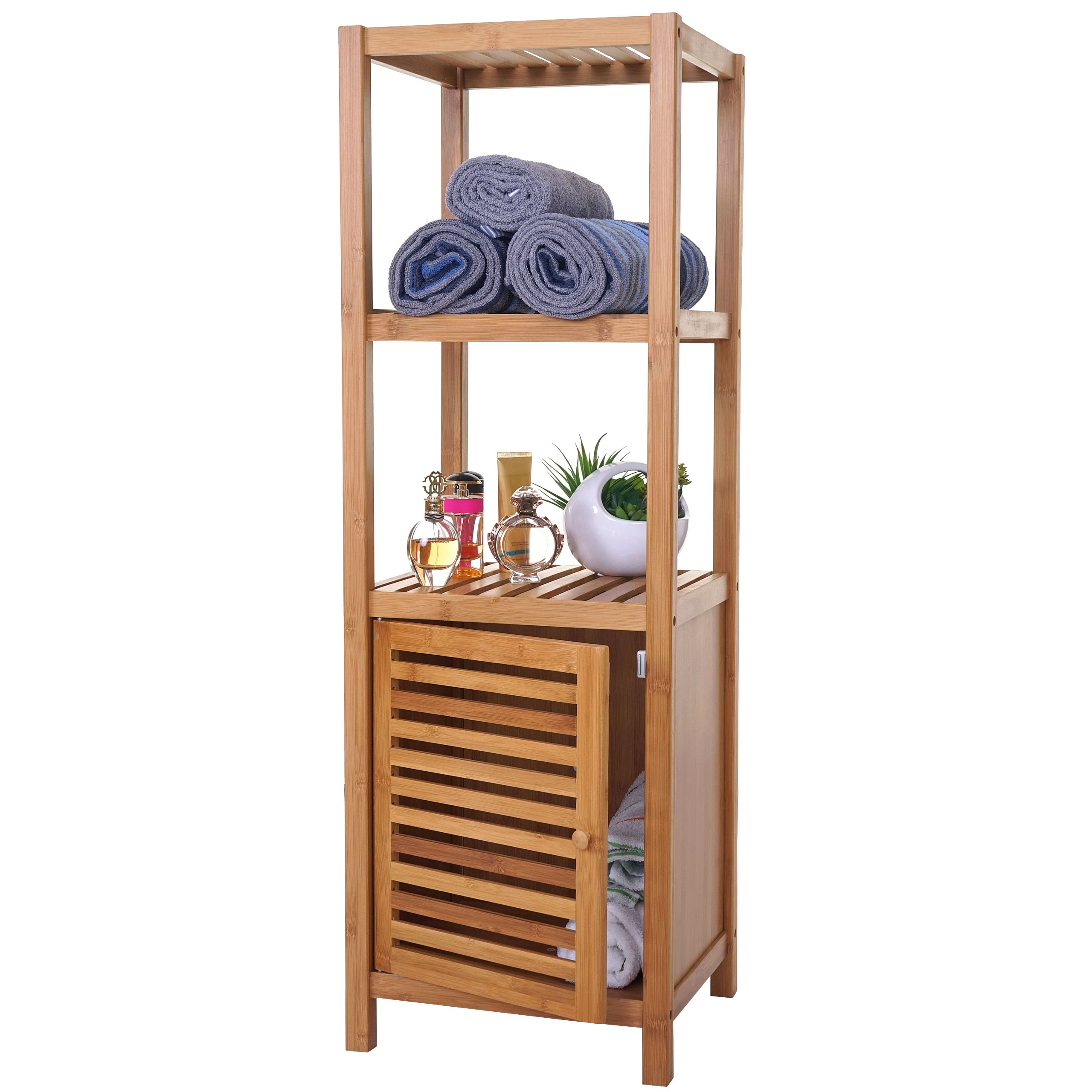 Badregal MCW-B18, Badezimmer Badschrank Standregal mit T&uuml;r, Bambus ~ 110x36x34cm 