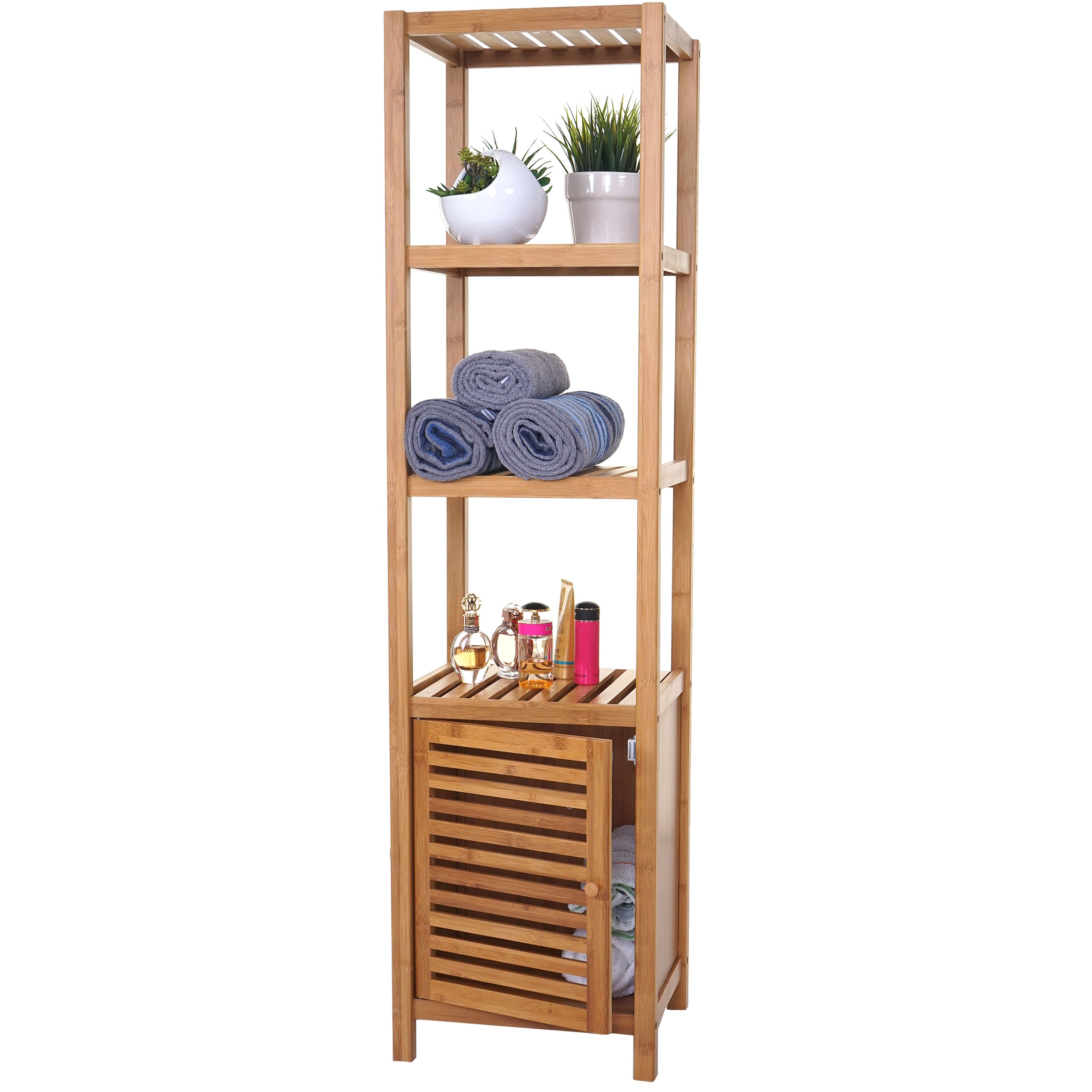 Badregal MCW-B18, Badezimmer Badschrank Standregal mit T&uuml;r, Bambus ~ 140x36x34cm 