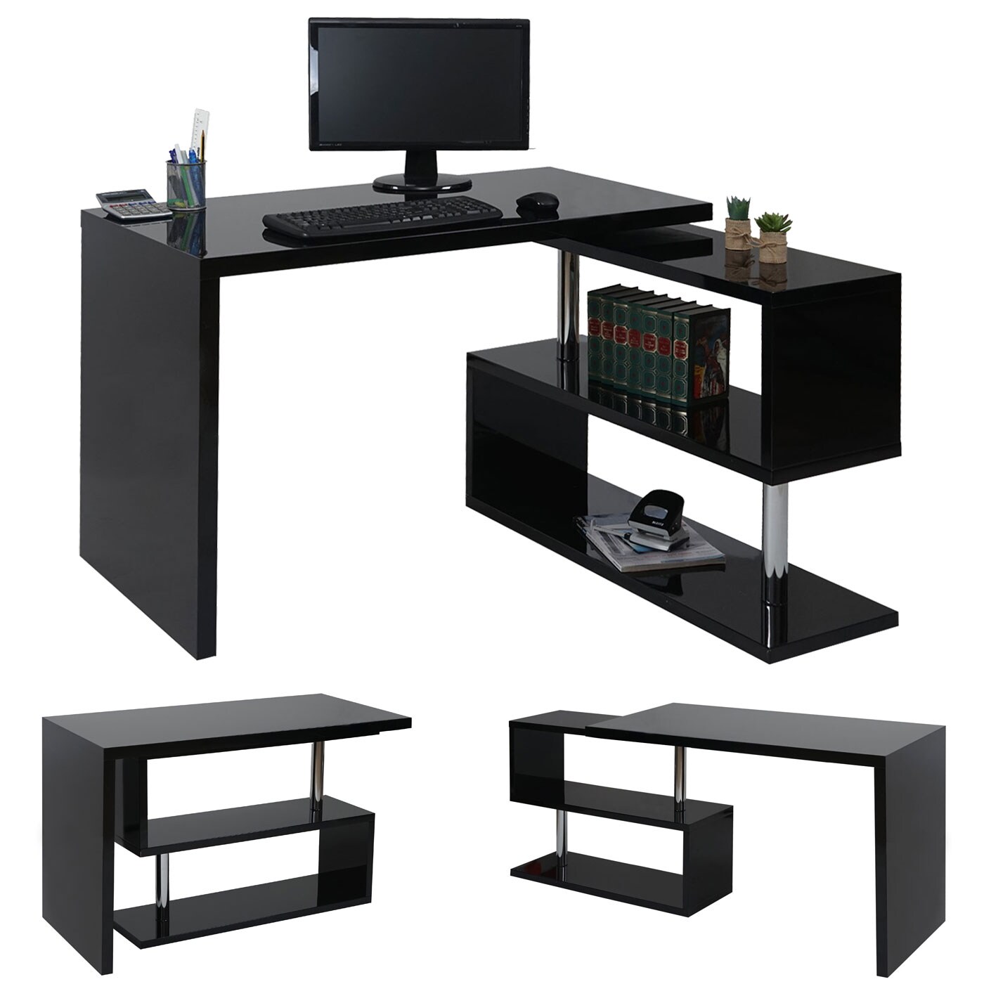 Design Eckschreibtisch MCW-A68, B&uuml;rotisch Schreibtisch, hochglanz drehbar 120x60cm ~ schwarz 