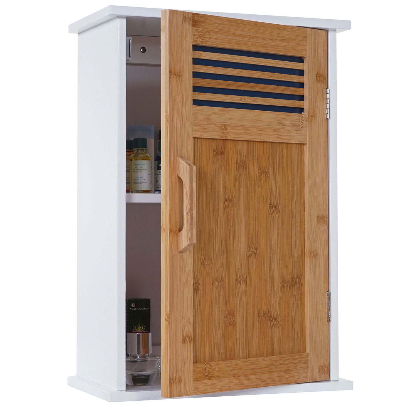 H&auml;ngeschrank MCW-A85, Badschrank Wandschrank Bambus, 52x35x21cm wei&szlig; 