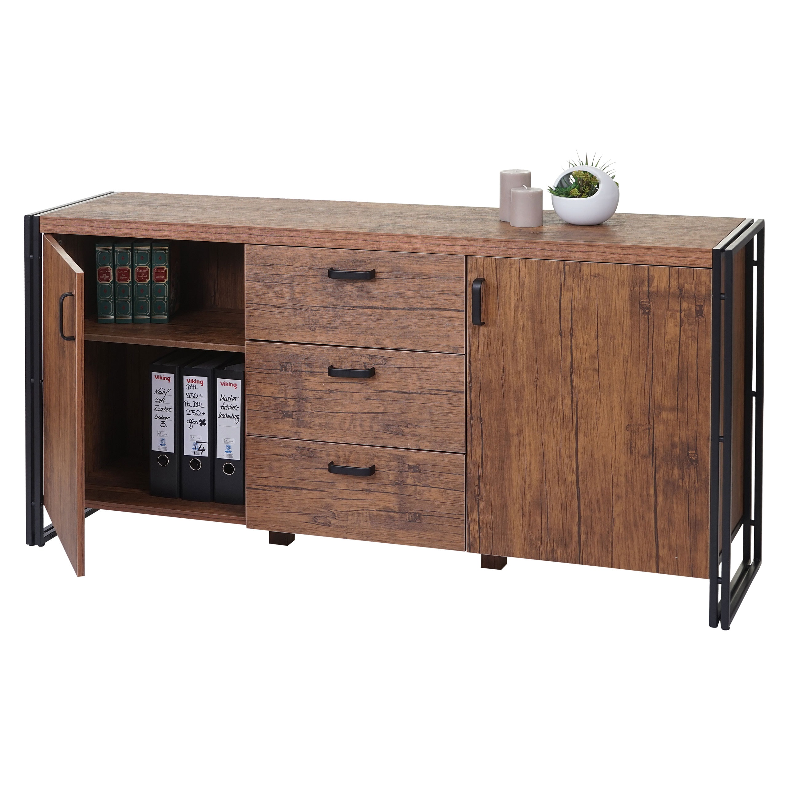Sideboard MCW-A27, Kommode Schrank, 3D-Struktur 2 Stauf&auml;cher 80x160x40cm MVG-zertifiziert MDF Metall ~ Wildeiche-Optik 