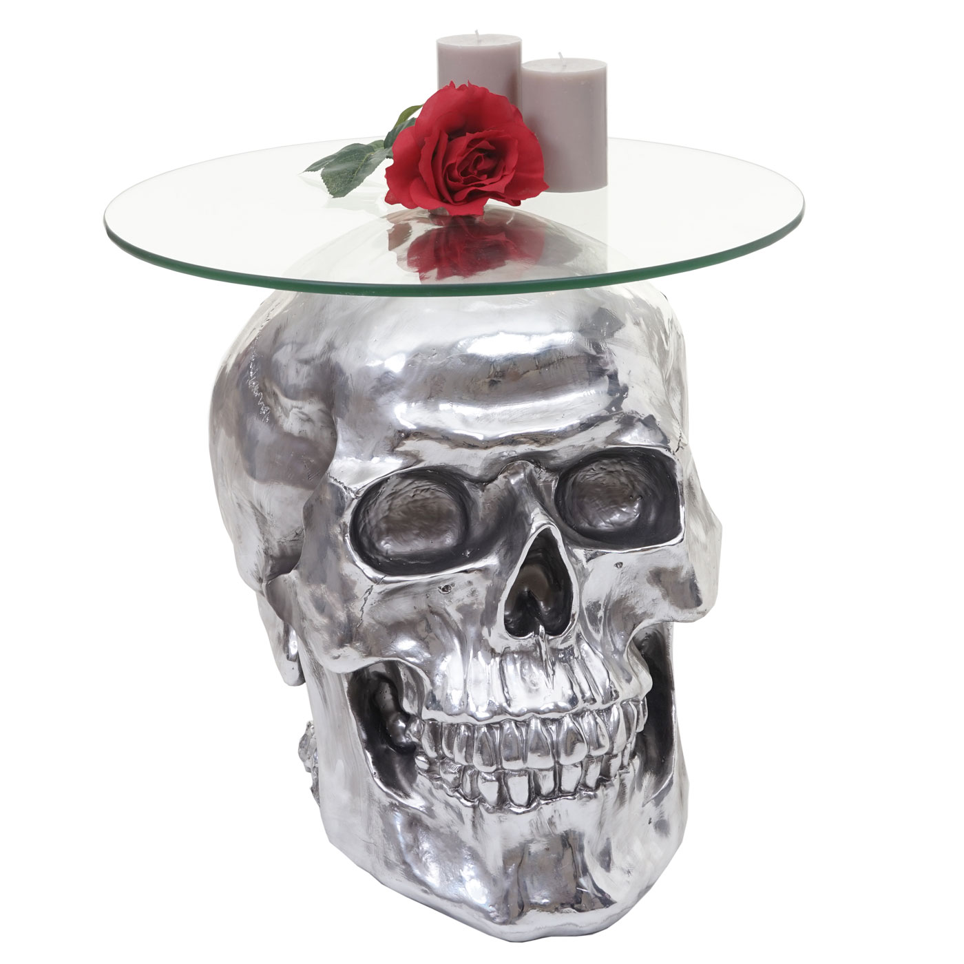 Beistelltisch Totenkopf MCW-A19, Polyresin Glastisch Wohnzimmertisch, silber 52x55x55cm 