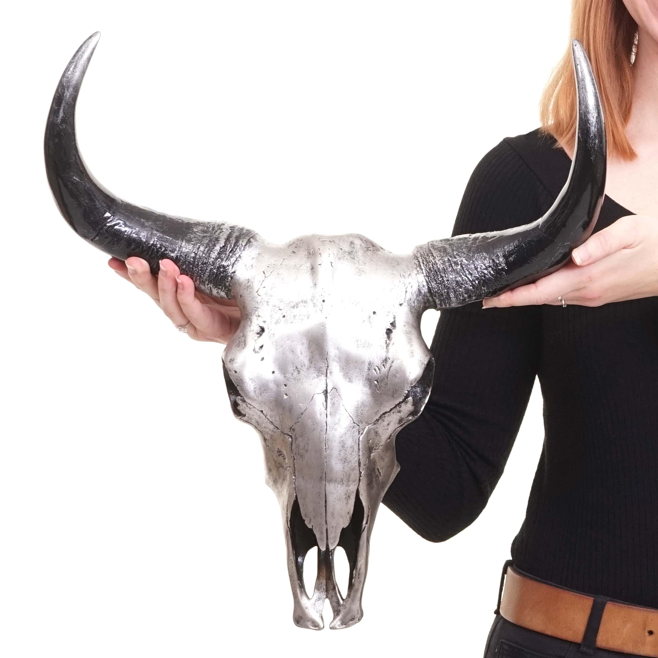 Deko Sch&auml;del 45cm MCW-T454, Polyresin Stier Bulle Longhorn Kopf Troph&auml;e, In-/Outdoor ~ silberfarben 