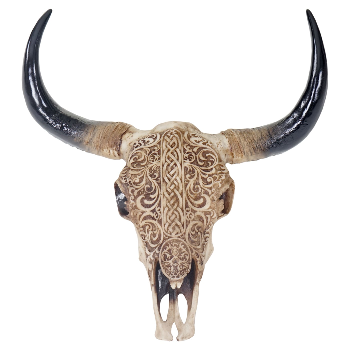 Deko Sch&auml;del 65cm MCW-T454, Polyresin Stier Bulle Longhorn Kopf Troph&auml;e mit Tribal, In-/Outdoor 