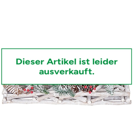 Adventsgesteck länglich, Weihnachtsdeko Adventskranz, Holz 11x15x50cm weiß-grau ~ mit Kerzen, weiß 