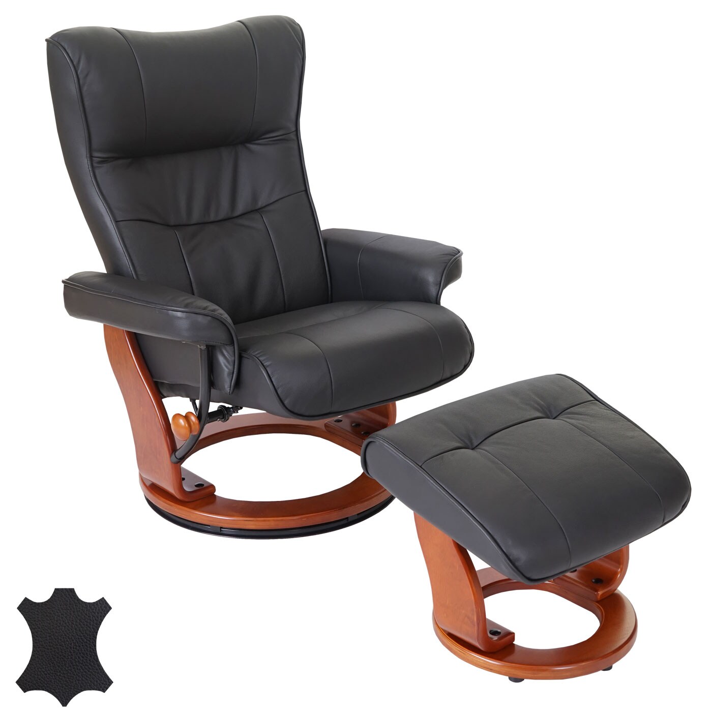 MCA Relaxsessel Edmonton, Fernsehsessel Hocker, Echtleder 130kg belastbar ~ schwarz, honigfarben 