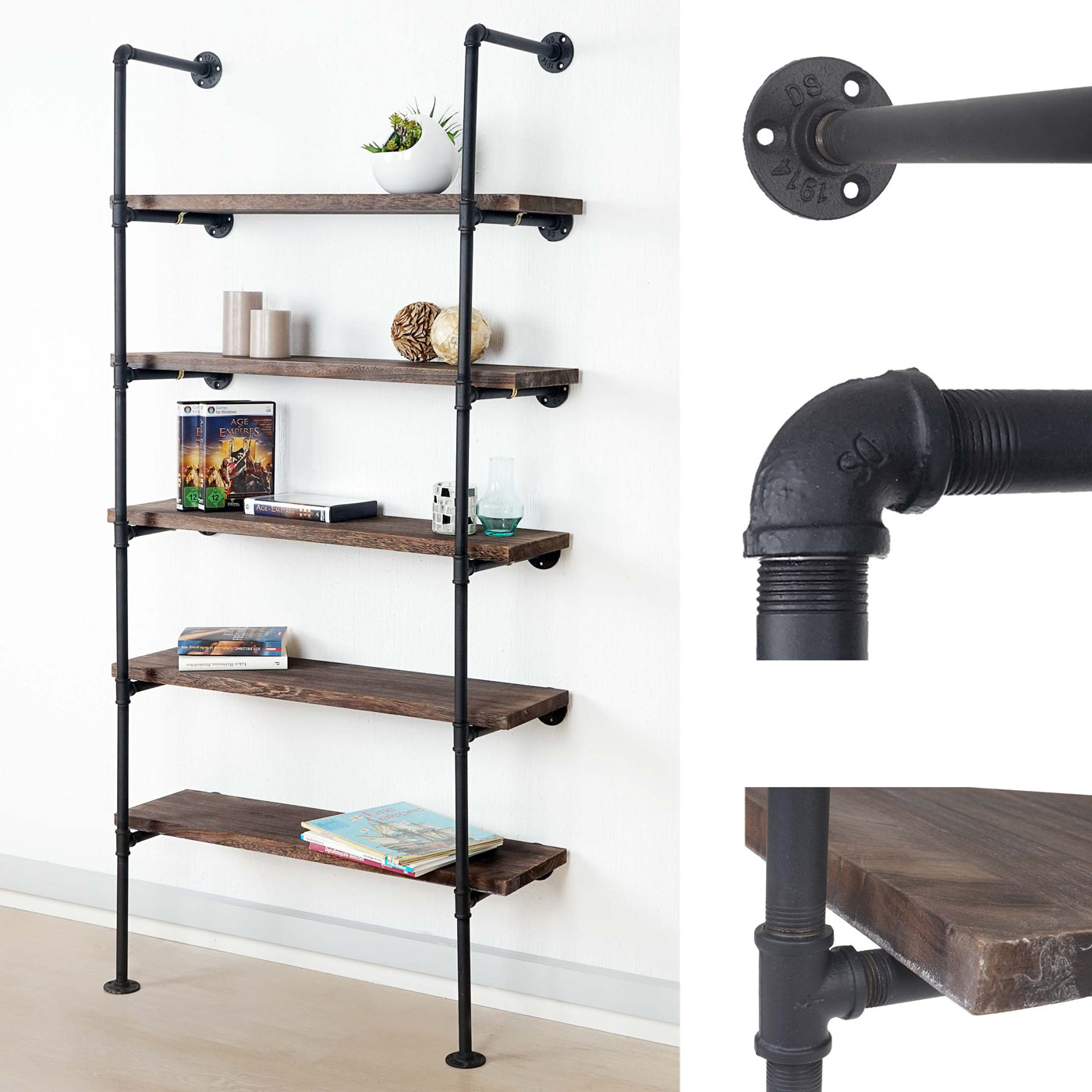 Standregal MCW-C45, Wohnregal B&uuml;cherregal Ablageregal, Industriedesign Holz Metall, 165x80x28cm ~ braun 