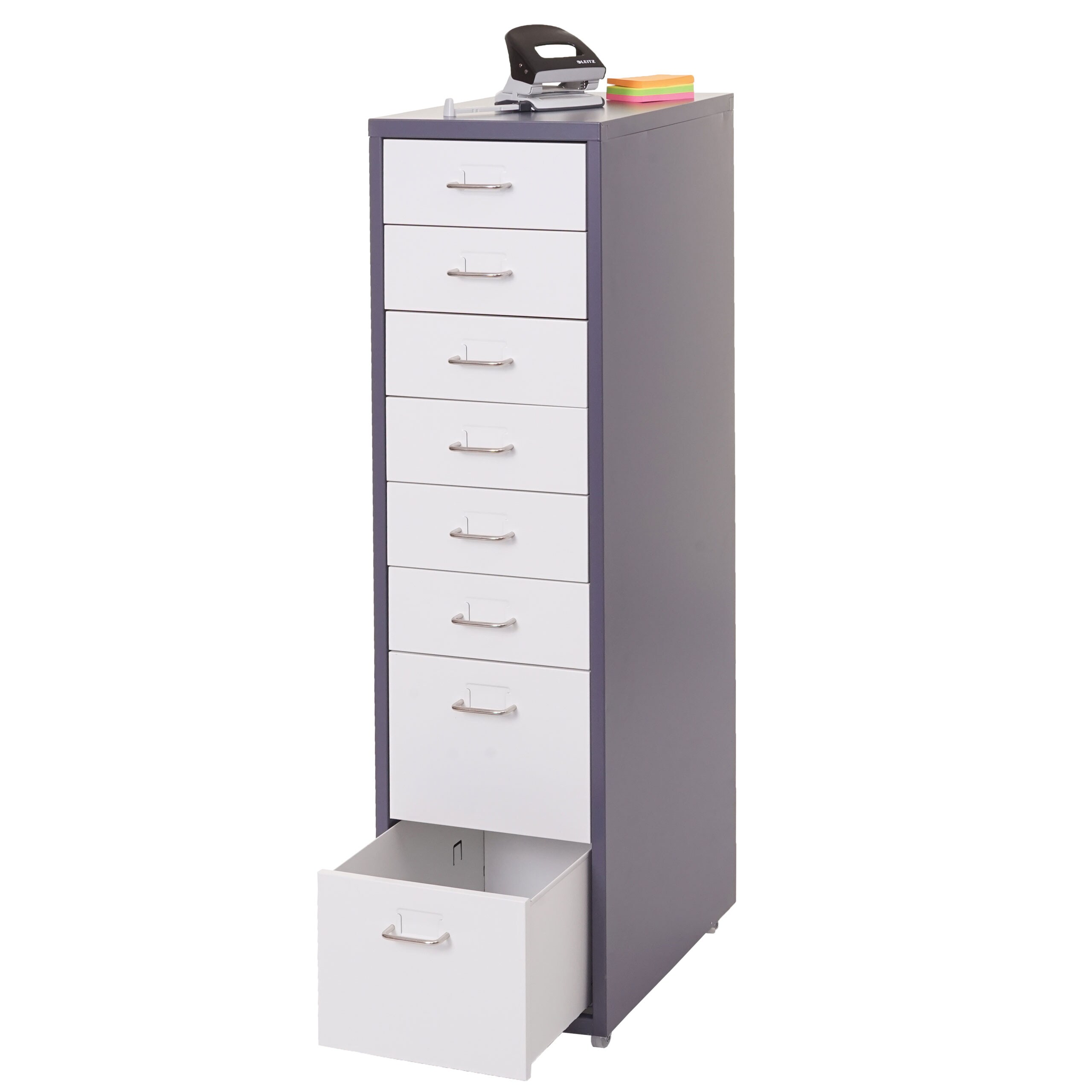 Rollcontainer Preston T851, Schubladenschrank Stahlschrank, 110x28x41cm 8 Schubladen ~ dunkelgrau wei&szlig; 