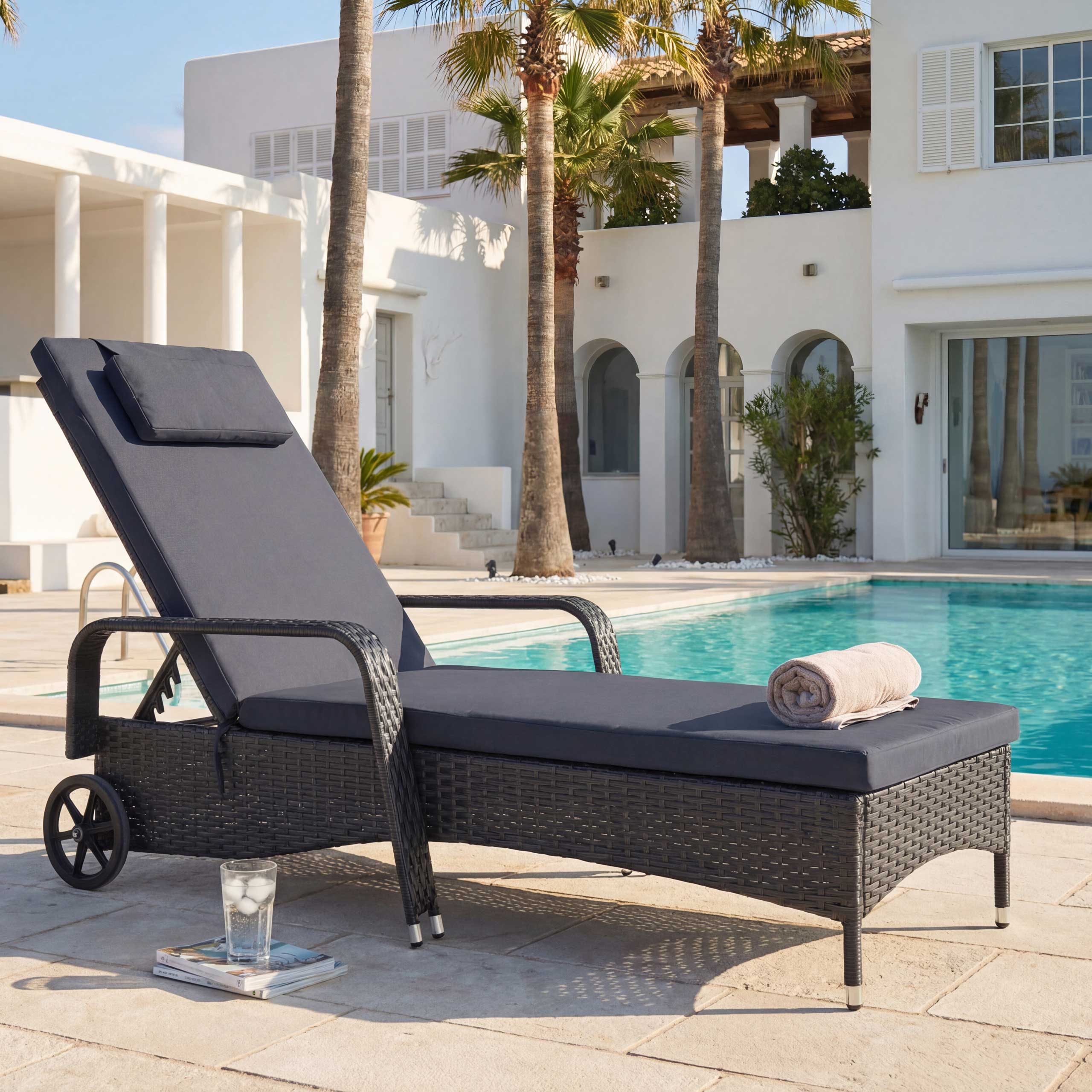 Poly-Rattan Sonnenliege Cesena, Relaxliege Gartenliege Liege, Alu ~ anthrazit, Kissen grau 