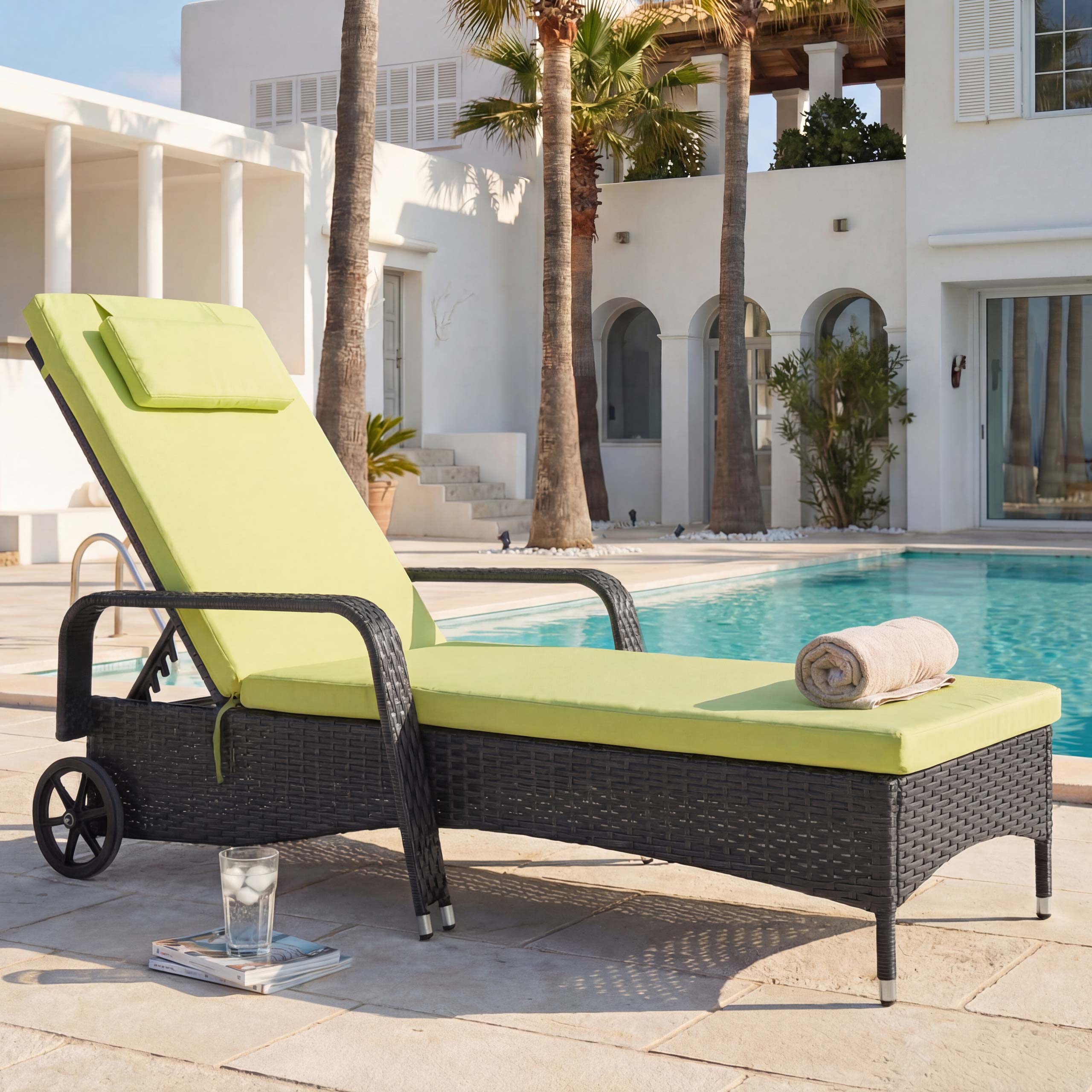 Poly-Rattan Sonnenliege Cesena, Relaxliege Gartenliege Liege, Alu ~ anthrazit, Kissen hellgr&uuml;n 