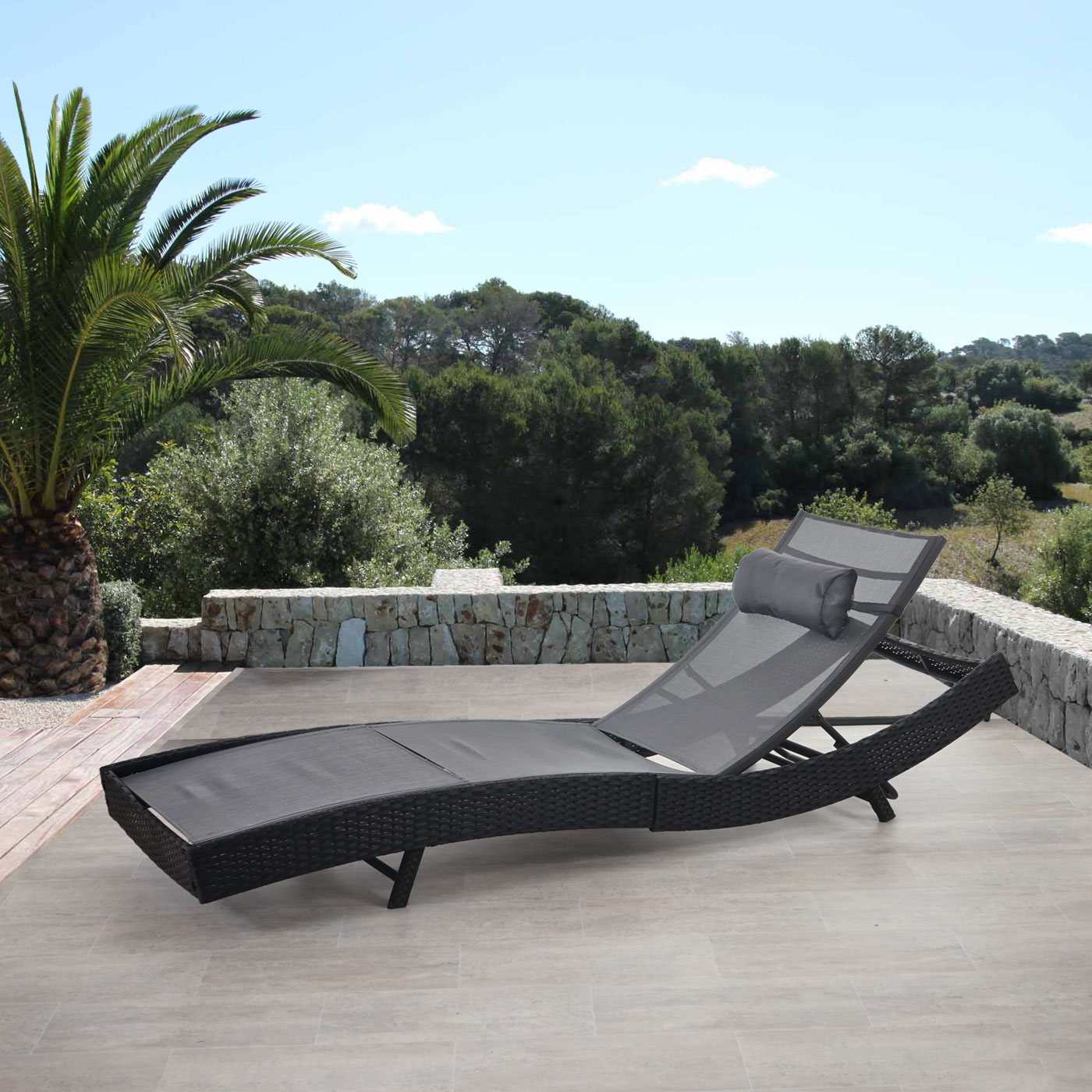 Sonnenliege Phoenix, Relaxliege Gartenliege Liege, Poly-Rattan ~ anthrazit, Bezug grau 