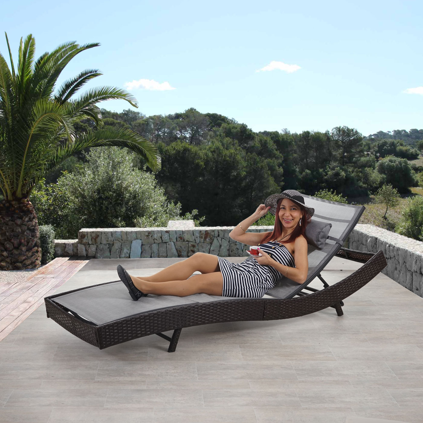 Sonnenliege Phoenix, Relaxliege Gartenliege Liege, Poly-Rattan ~ braun-meliert, Bezug grau 