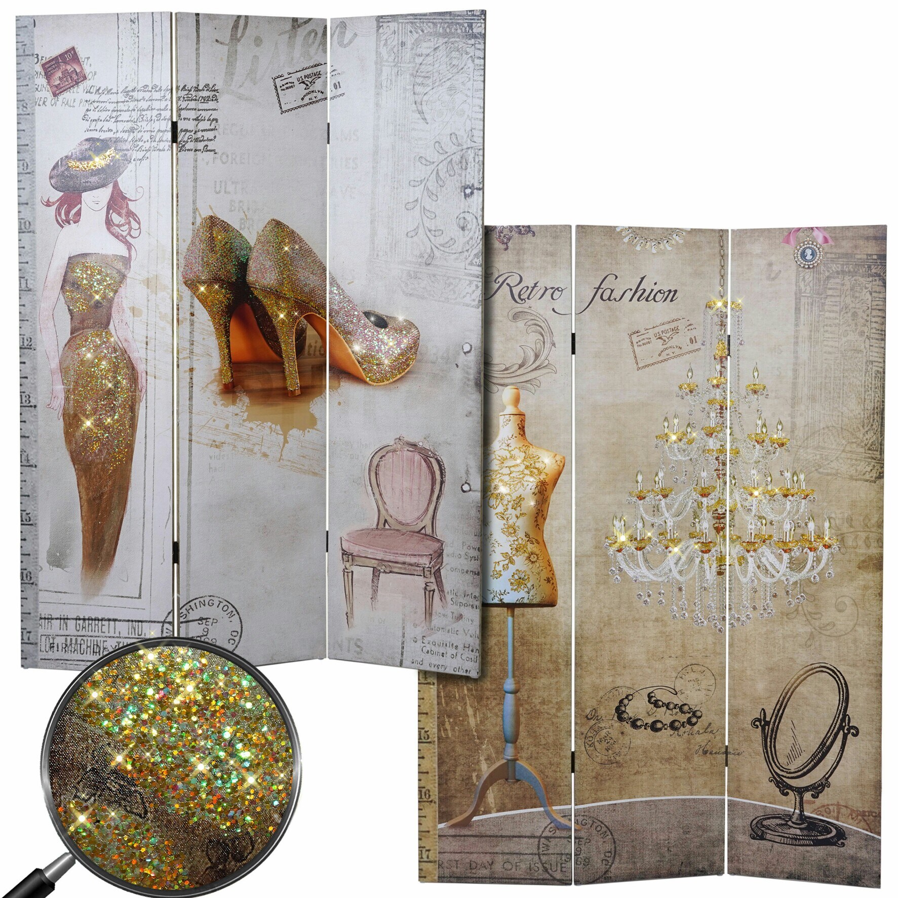 Foto-Paravent Retro, Raumteiler Trennwand, Glitzer Fashion MVG-zertifiziert ~ 180x120cm 