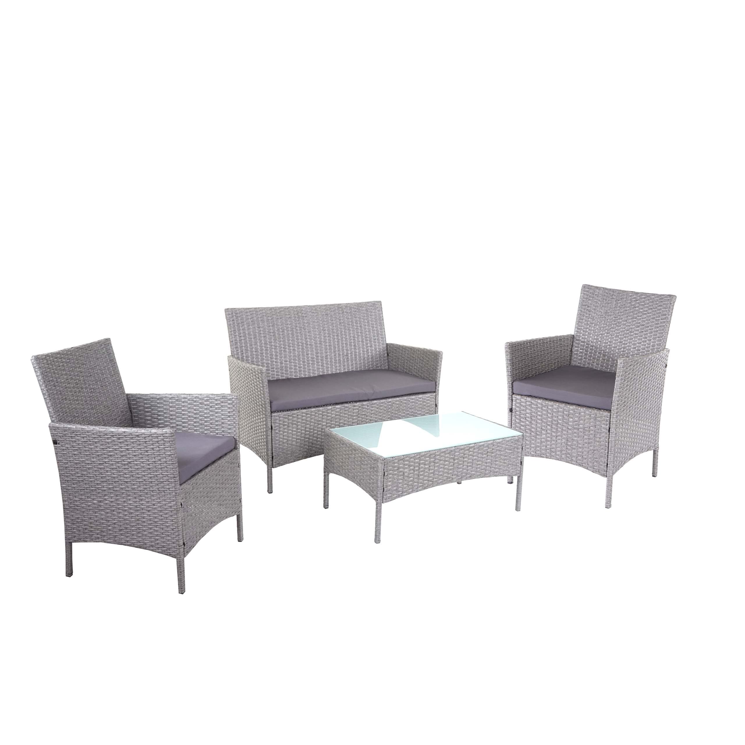 2-1-1 Poly-Rattan Garten-Garnitur Hamar, Sitzgruppe Lounge-Set Sofa ~ grau, Kissen anthrazit 