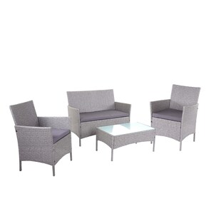 2-1-1 Poly-Rattan Garten-Garnitur Hamar, Sitzgruppe Lounge-Set Sofa ~ grau, Kissen anthrazit 