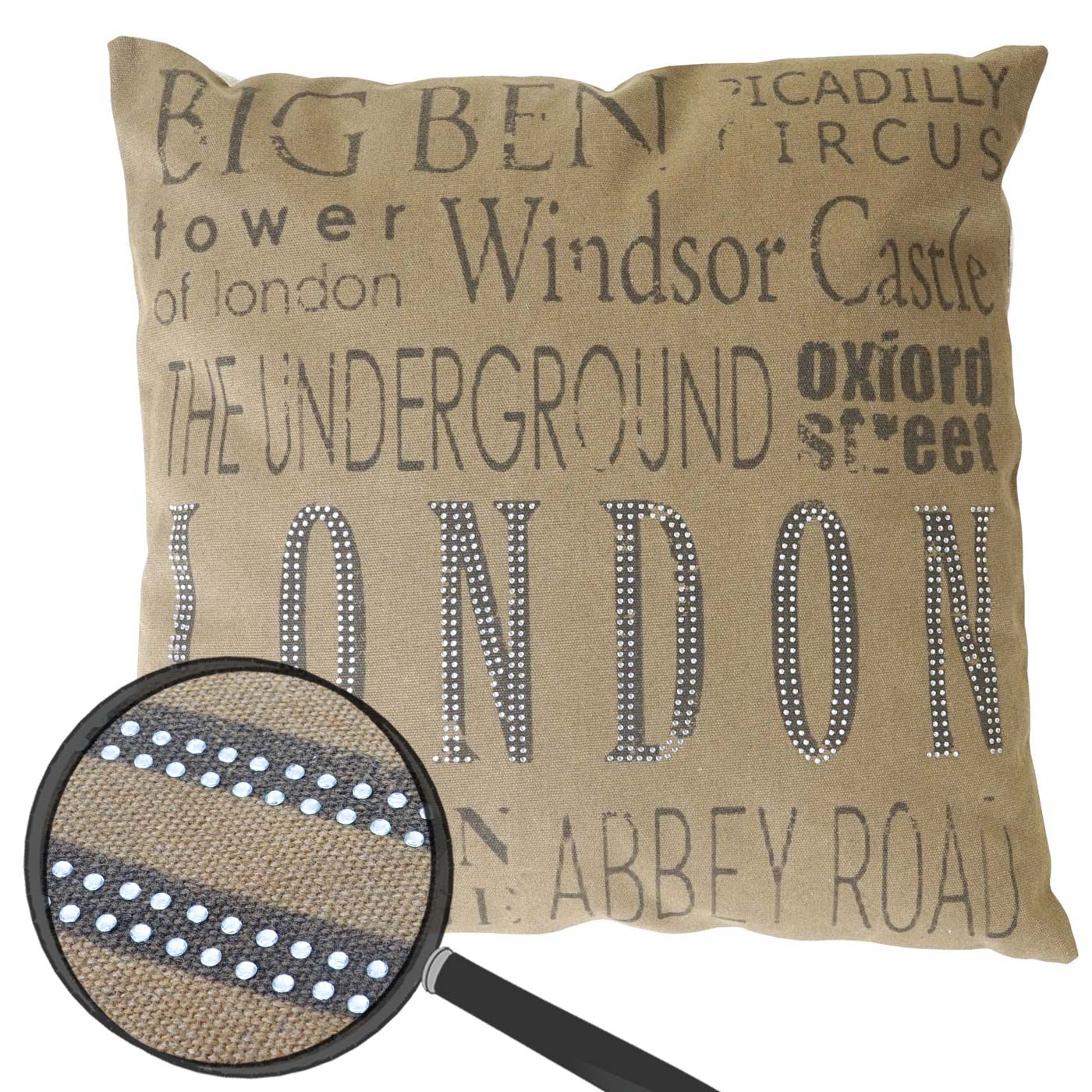 Zierkissen London, Sofakissen Deko-Kissen mit F&uuml;llung, braun Glitzersteine 45x45cm 