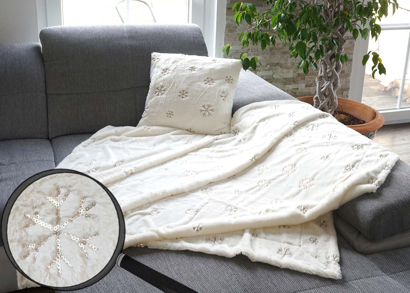 Set Kuscheldecke + Deko-Kissen Schnee, Wohndecke Sofadecke Zierkissen+F&uuml;llung, flauschig Pailletten 