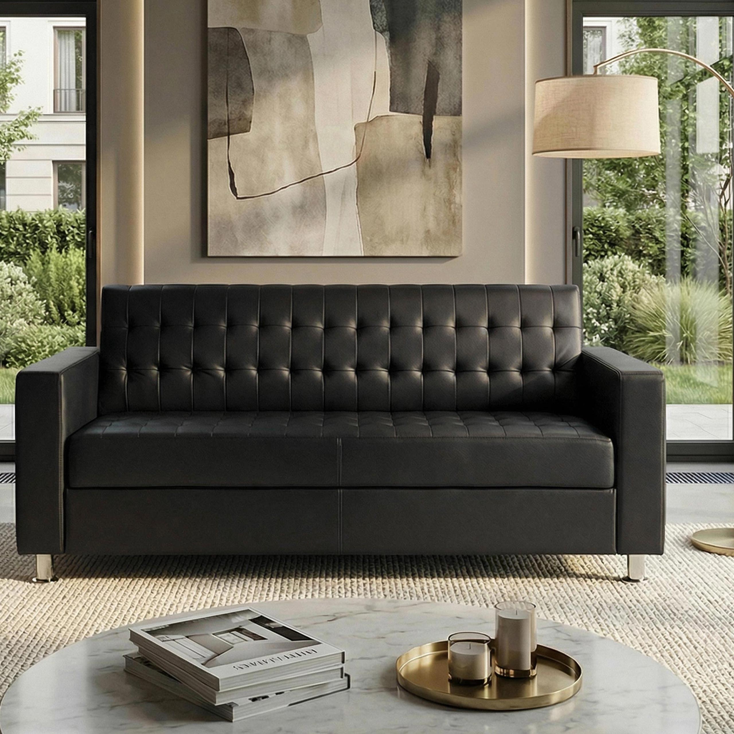 3er Sofa Pori, Couch Loungesofa, Kunstleder, Metall-F&uuml;&szlig;e 180cm ~ schwarz 