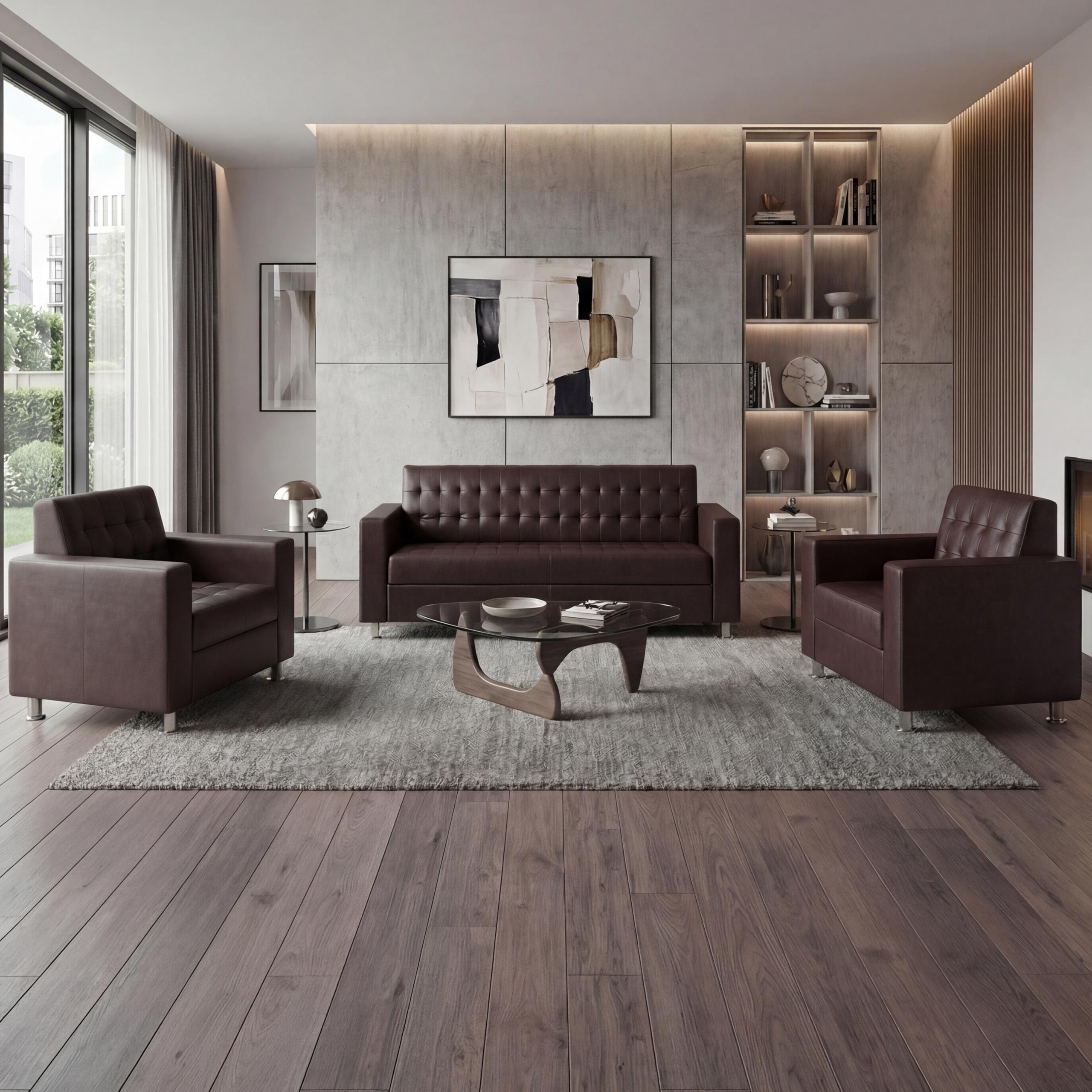 3-1-1 Sofagarnitur Pori, Couch Loungesofa Kunstleder, Metall-F&uuml;&szlig;e ~ coffee 