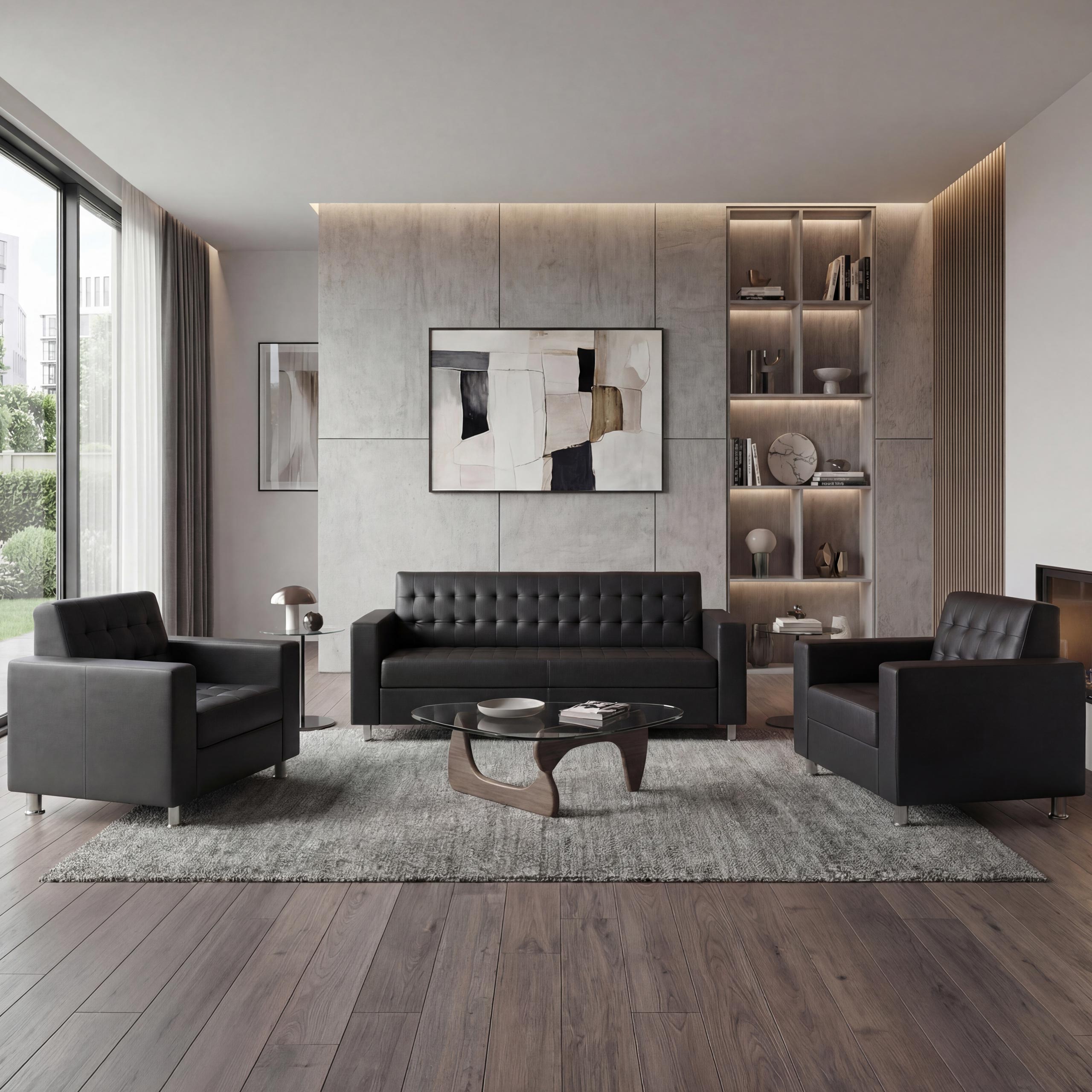 3-1-1 Sofagarnitur Pori, Couch Loungesofa Kunstleder, Metall-F&uuml;&szlig;e ~ schwarz 