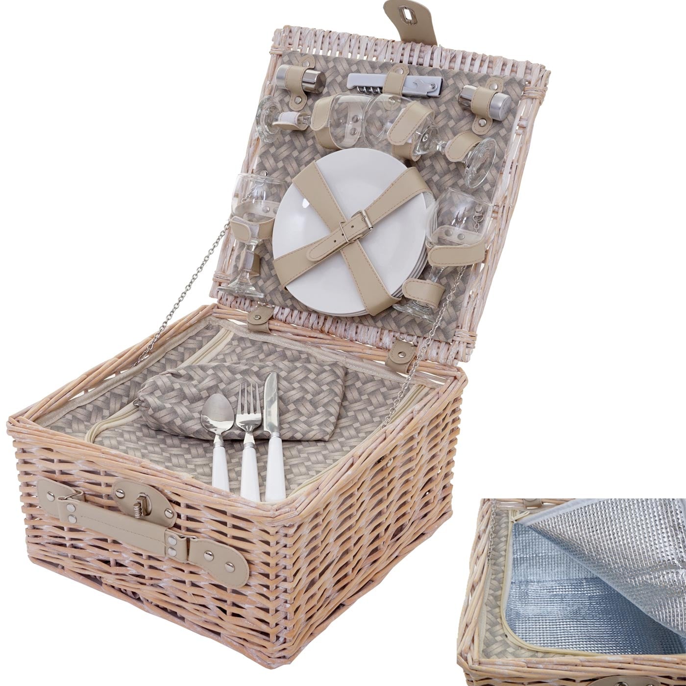 Picknicktasche f&uuml;r 4 Personen, Picknickkorb-Set + K&uuml;hlfach, Porzellan Glas Edelstahl, beige 