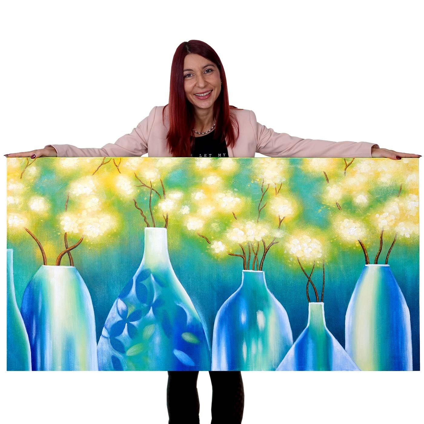 Wandbild Vasen, 100% handgemaltes Ölgemälde Gemälde XL, 135x70cm