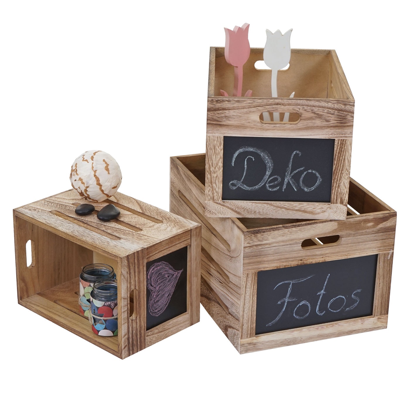 3er Set Holzkiste MCW-E11, Aufbewahrungsbox mit Tafel, Shabby-Look ~ naturbraun 