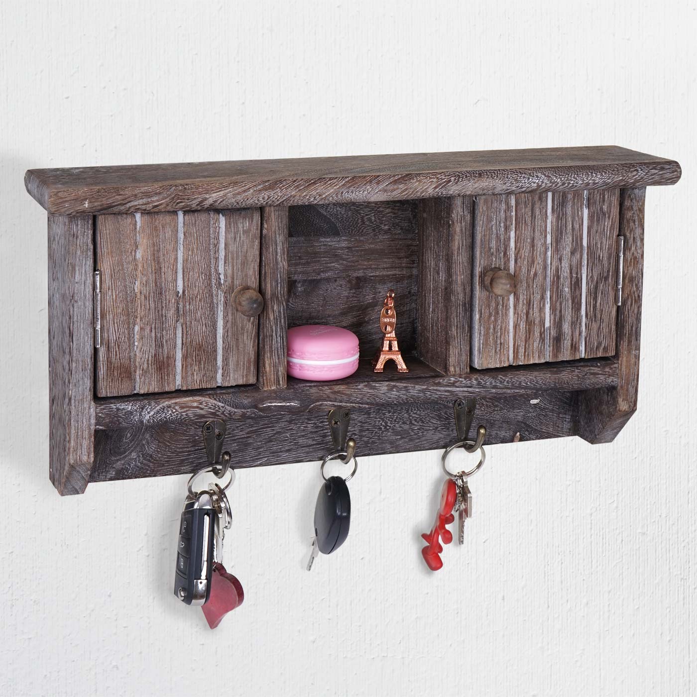 Schl&uuml;sselbrett MCW-A48, Schl&uuml;sselkasten Schl&uuml;sselboard mit T&uuml;ren, Massiv-Holz MVG-zertifiziert ~ shabby braun 