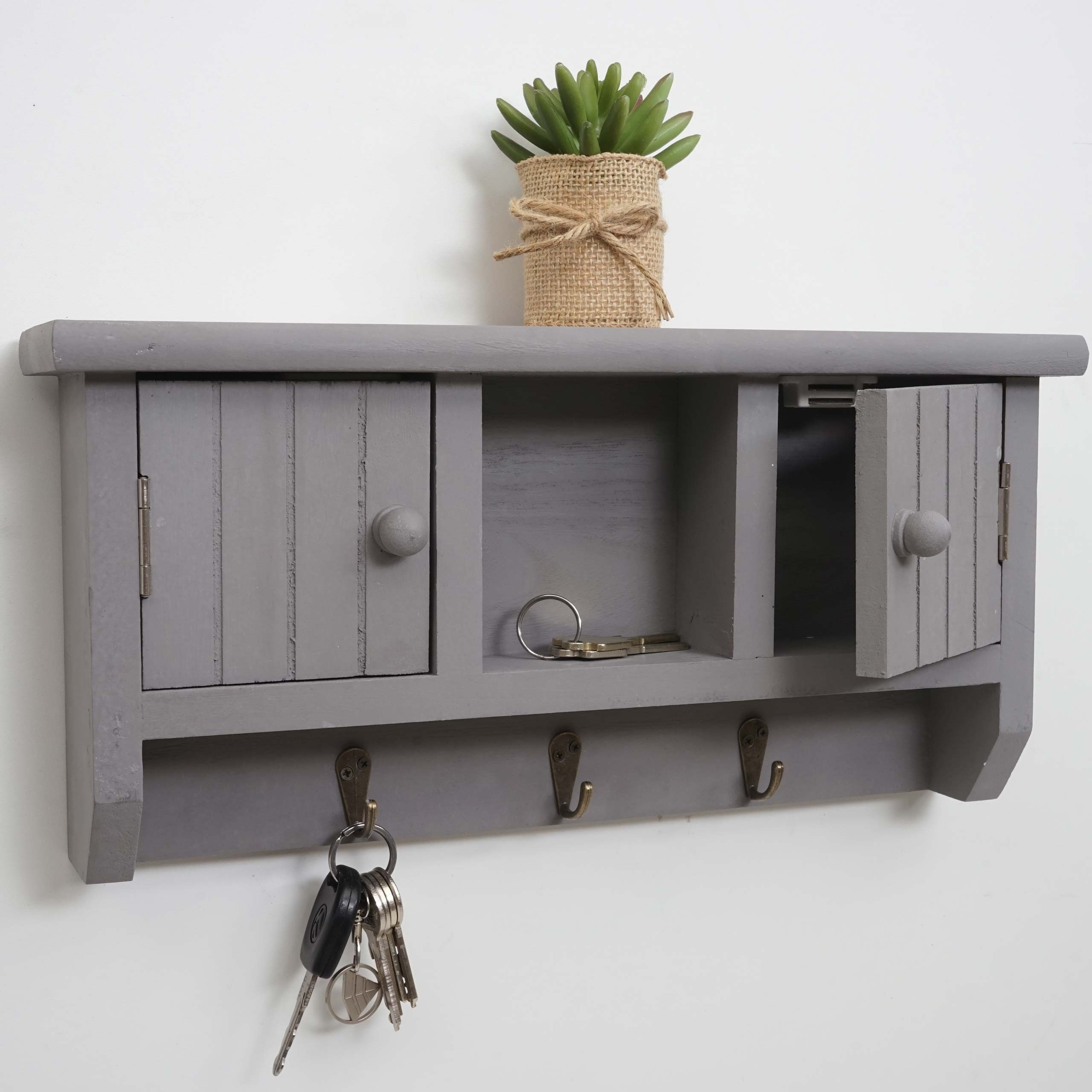 Schl&uuml;sselbrett MCW-A48, Schl&uuml;sselkasten Schl&uuml;sselboard mit T&uuml;ren, Massiv-Holz MVG-zertifiziert ~ grau 