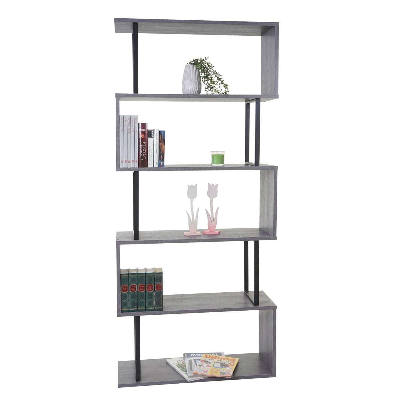 B&uuml;cherregal MCW-A27, Standregal Wohnregal, 183x80cm 3D-Struktur 5 Ebenen ~ grau, Metall schwarz 