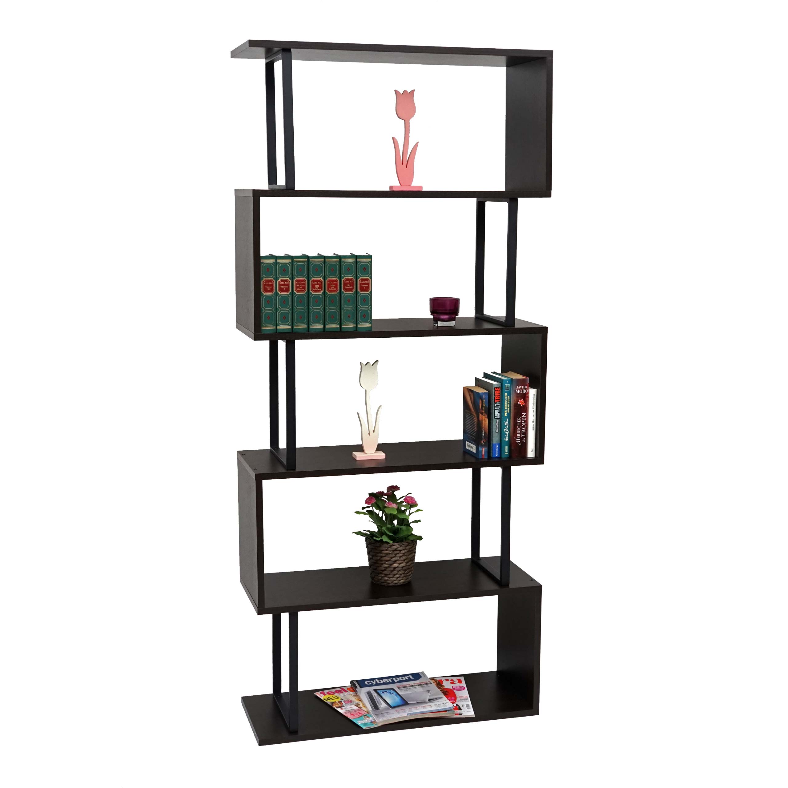 B&uuml;cherregal MCW-A27, Standregal Wohnregal, 183x80cm 3D-Struktur 5 Ebenen ~ dunkelbraun, Metall schwarz 