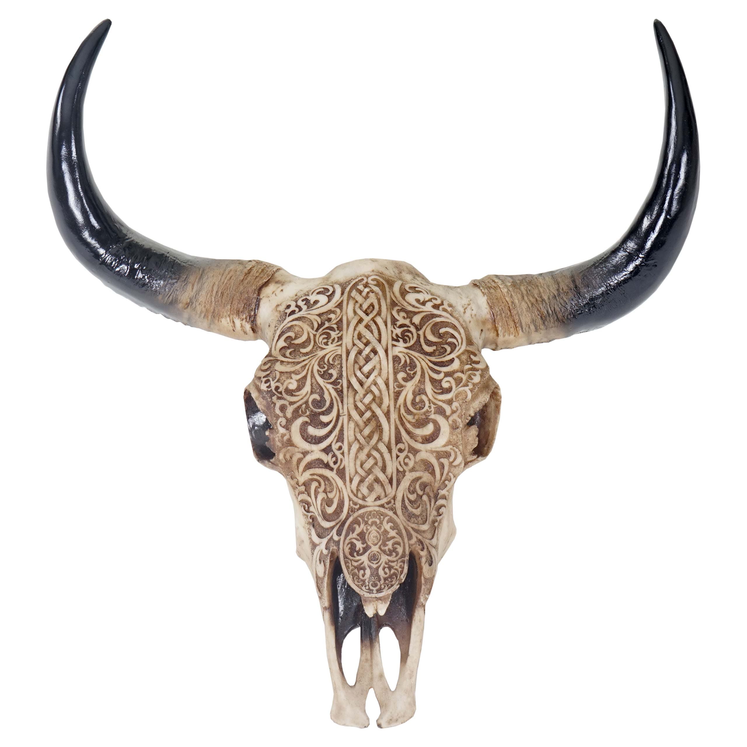 Deko Skull 45cm, Polyresin Stier Bulle Longhorn Kopf Troph&auml;e mit Tribal, In-/Outdoor 