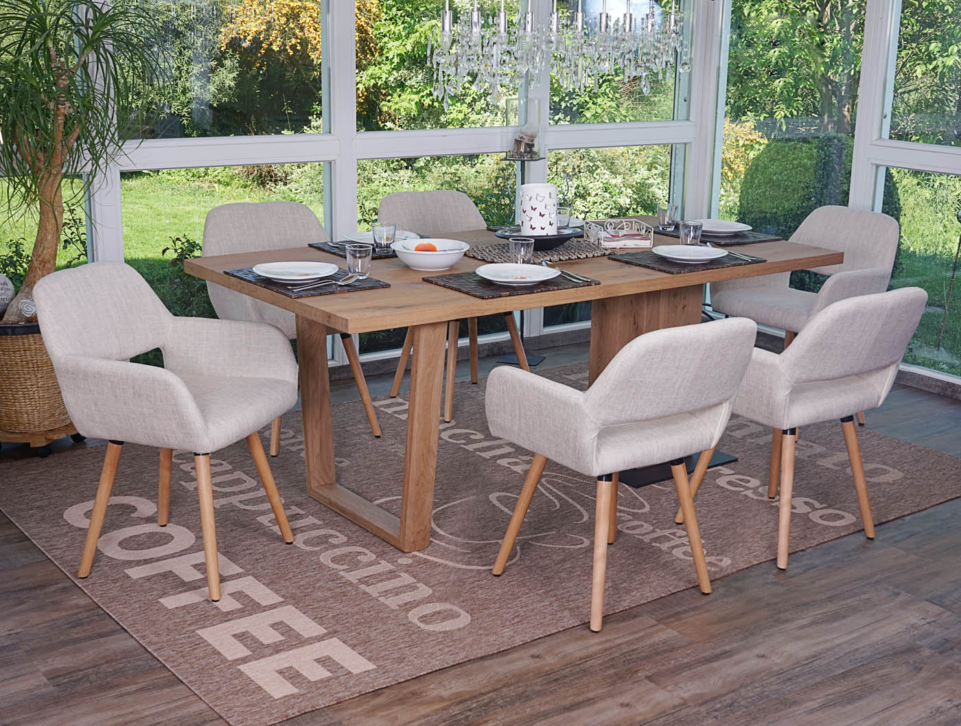 6er-Set Esszimmerstuhl MCW-A50 II, Stuhl K&uuml;chenstuhl, Retro 50er Jahre Design ~ Textil, creme/grau, helle Beine 