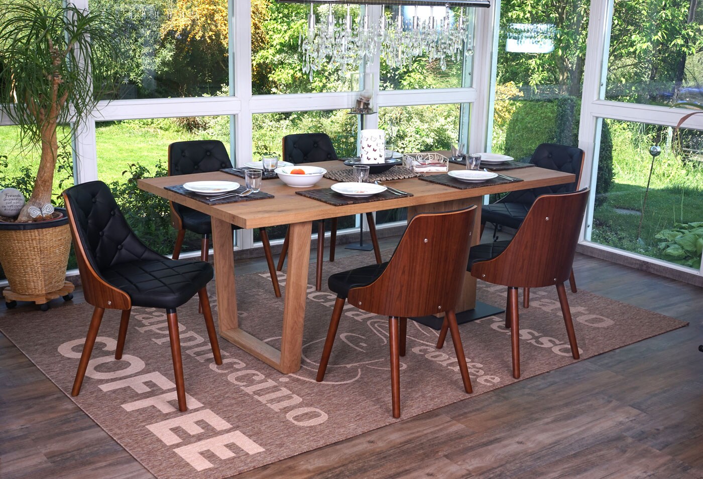 6er-Set Esszimmerstuhl MCW-A75, Besucherstuhl K&uuml;chenstuhl, Walnuss-Optik Bugholz ~ Kunstleder schwarz 