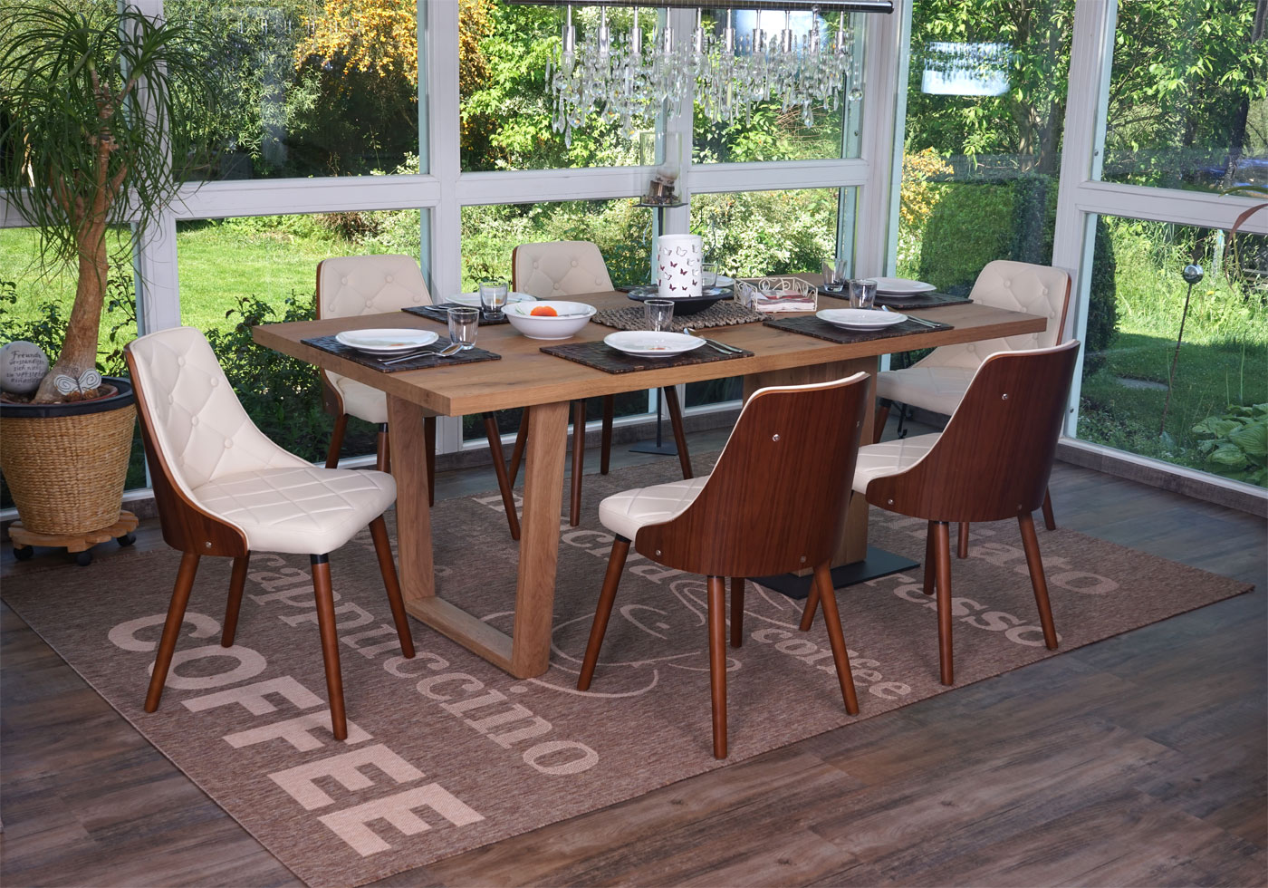 6er-Set Esszimmerstuhl MCW-A75, Besucherstuhl K&uuml;chenstuhl, Walnuss-Optik Bugholz ~ Kunstleder creme 