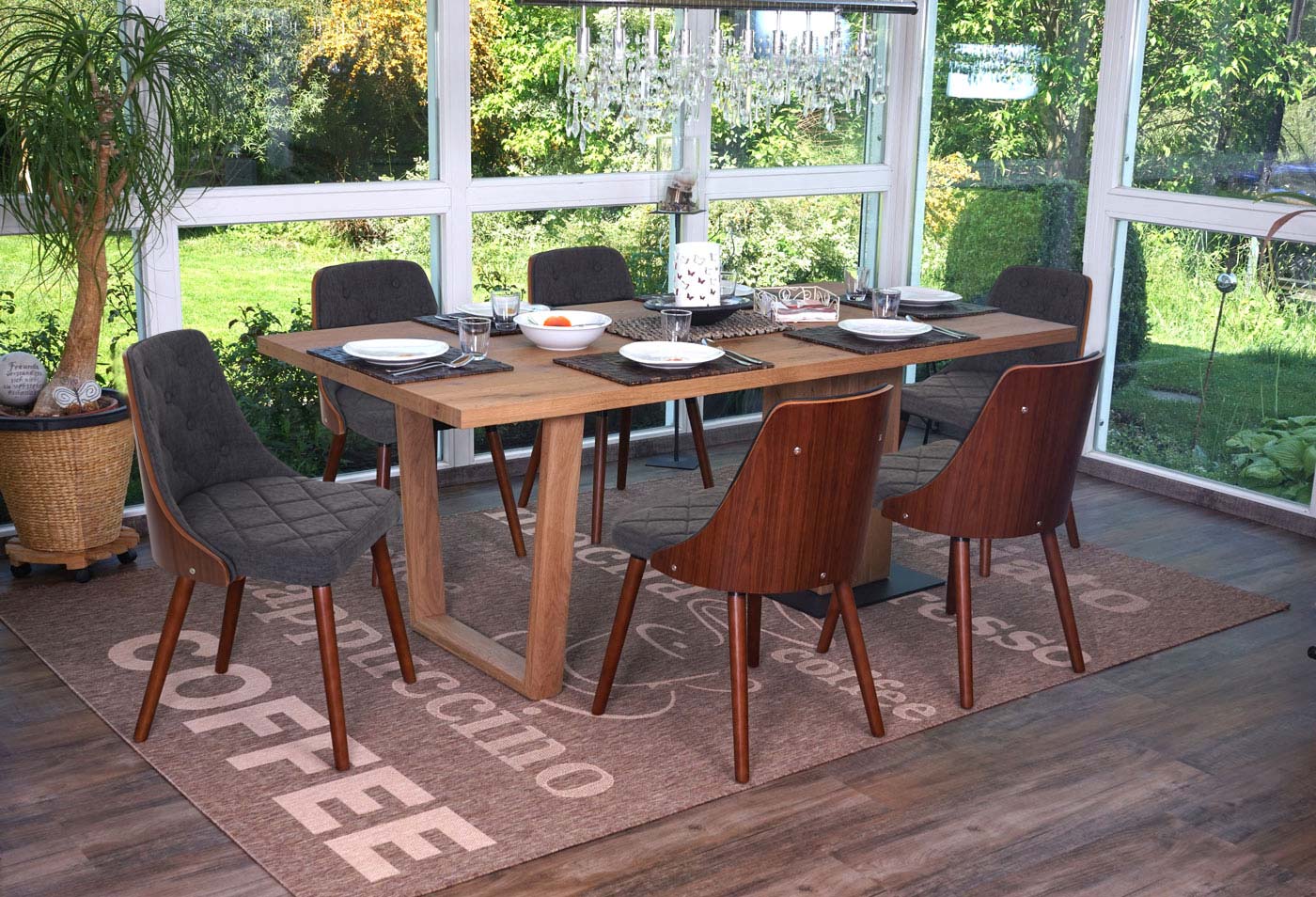 6er-Set Esszimmerstuhl MCW-A75, Besucherstuhl K&uuml;chenstuhl, Walnuss-Optik Bugholz ~ Textil grau 