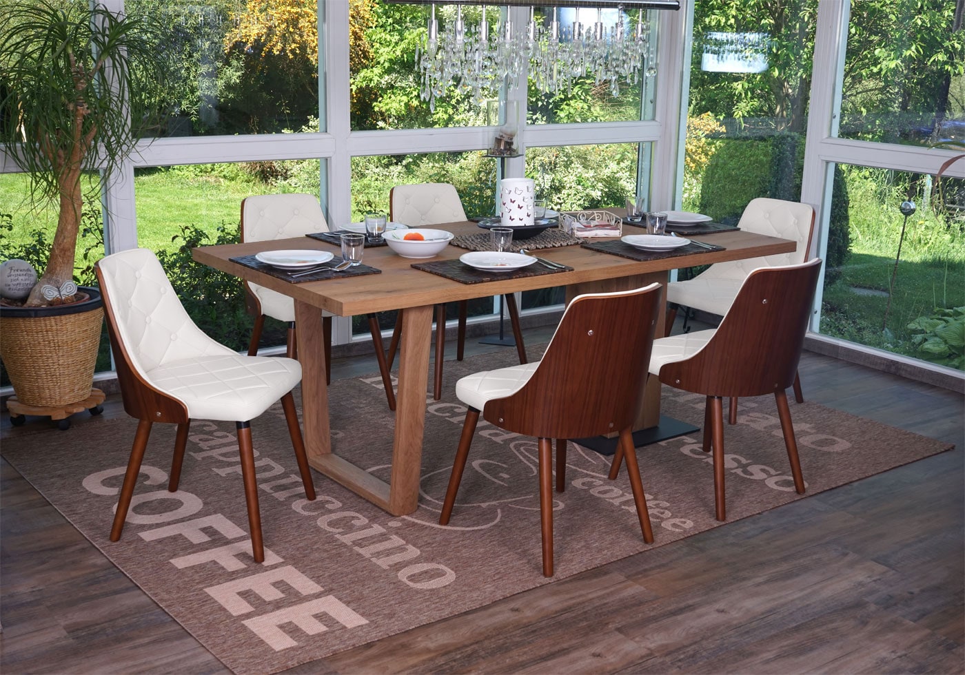 6er-Set Esszimmerstuhl MCW-A75, Besucherstuhl K&uuml;chenstuhl, Walnuss-Optik Bugholz ~ Kunstleder wei&szlig; 