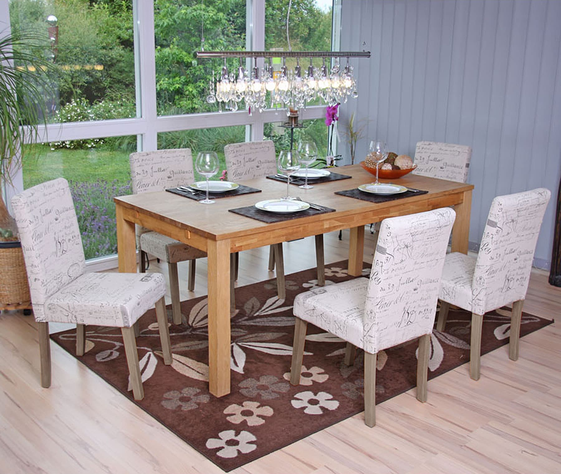 6er-Set Esszimmerstuhl Littau, Stuhl K&uuml;chenstuhl ~ Textil mit Schriftzug, creme, Beine Struktur - Eiche 