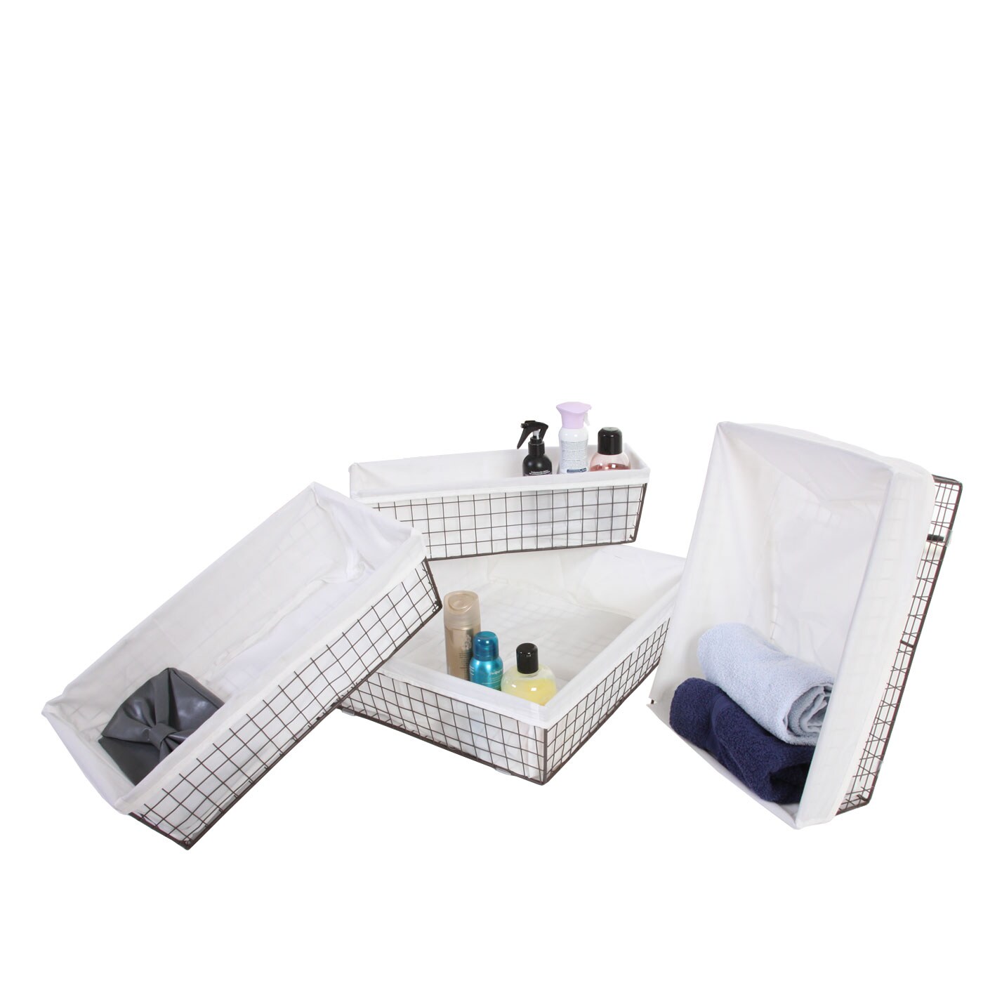 4er-Set Regalkorb Aarau, Badkorb Schrankkorb Aufbewahrung Ordnungshelfer, Metall mit Stoffbezug 