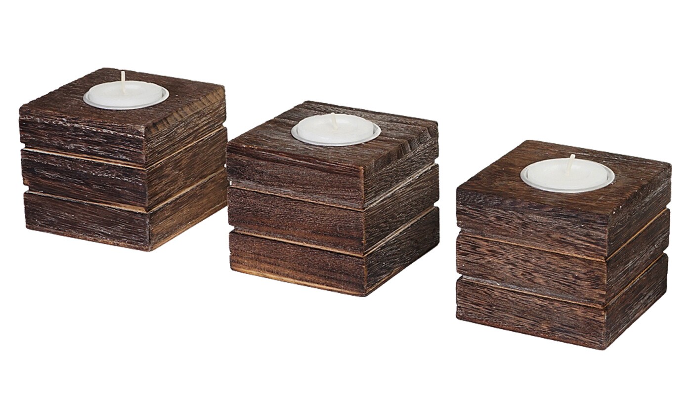 3er Set Teelichtst&auml;nder Tolve, Teelichthalter, Shabby-Look Vintage 7x8x8cm ~ braun 