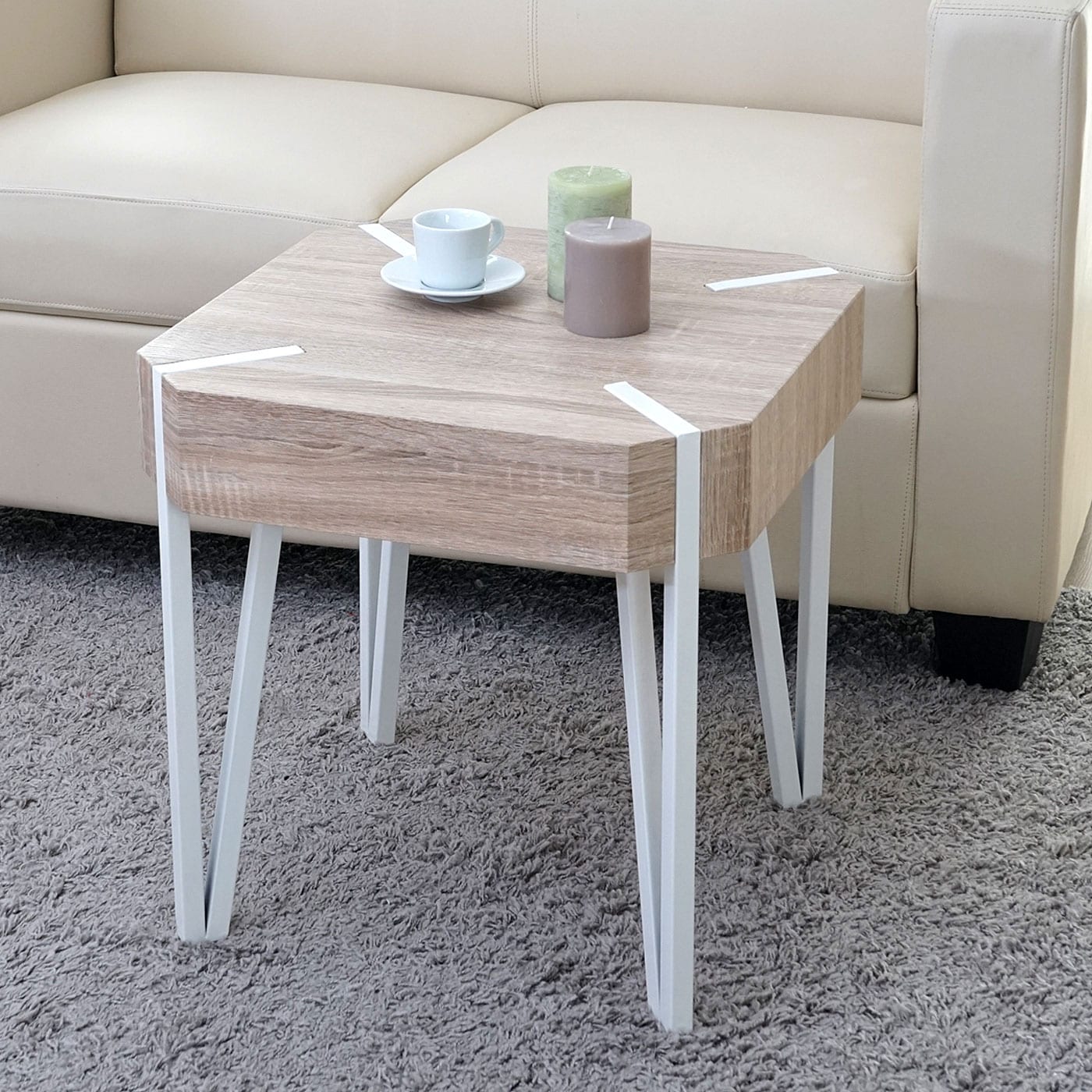 Couchtisch Genk H574, Beistelltisch, 52x50x50cm ~ Eiche, helle Metall-F&uuml;&szlig;e 