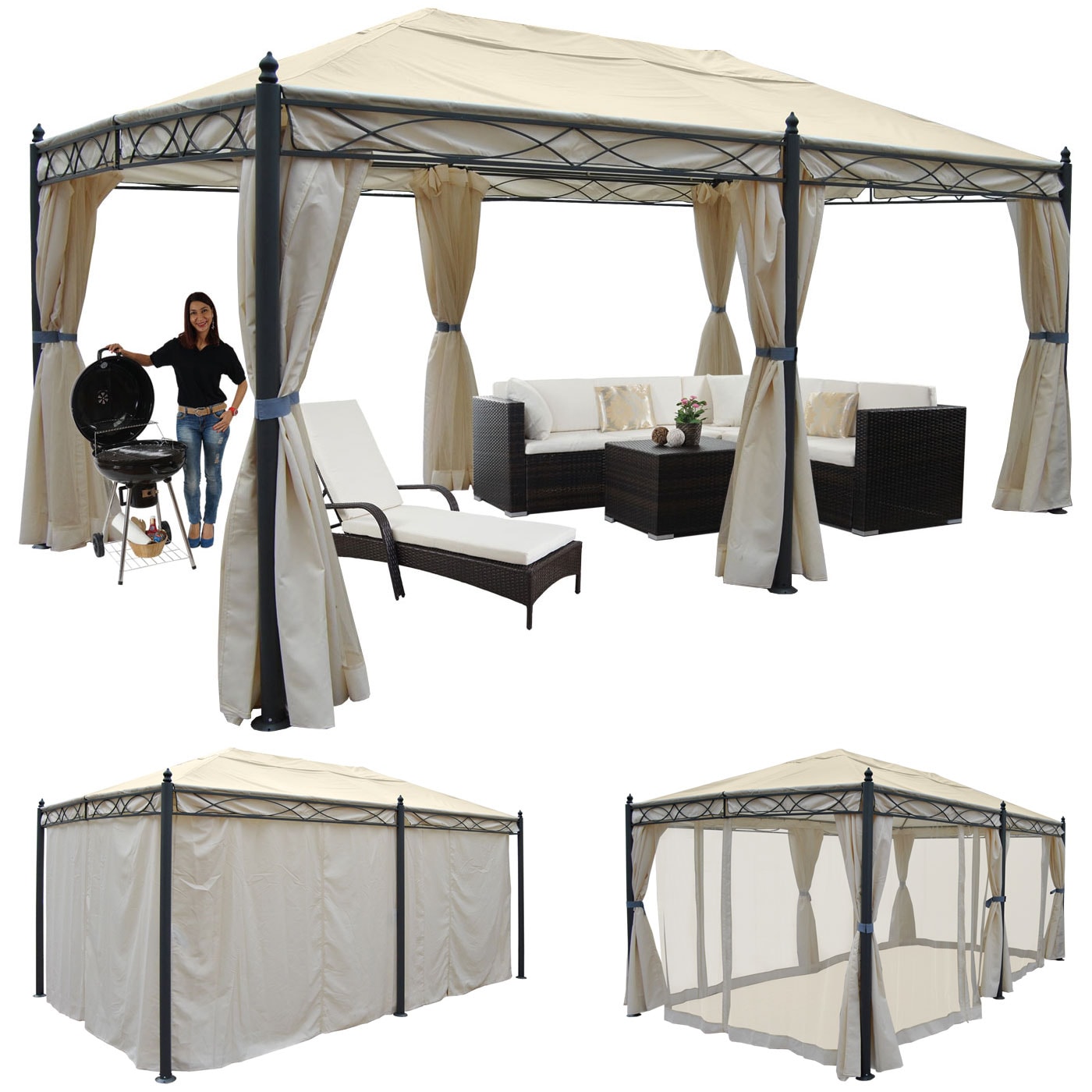 Pergola Calpe, Garten Pavillon, stabiles 7cm-Gestell 5x3m ~ creme mit Seitenwand + Moskitonetz 