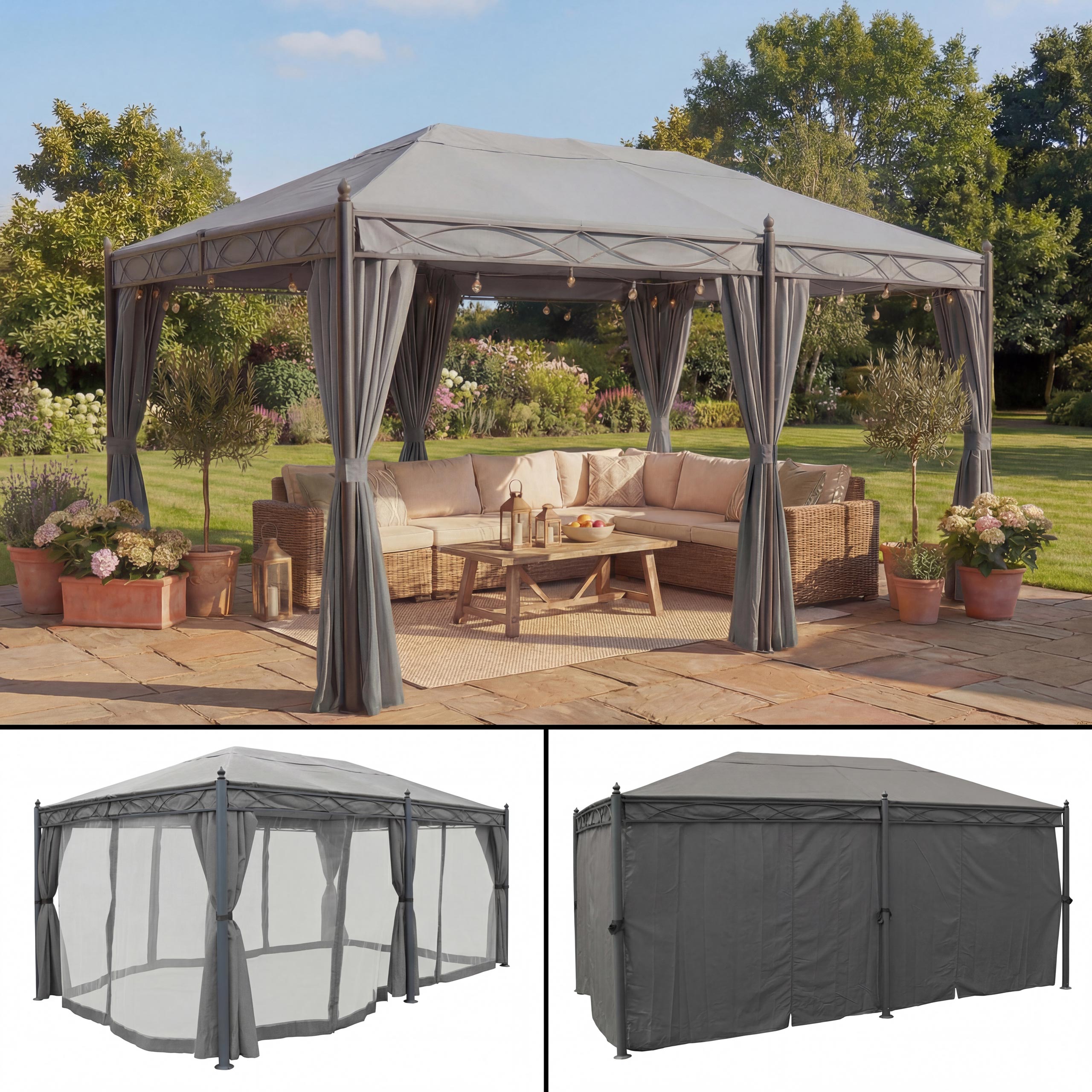 Pergola Calpe, Pavillon, stabiles 7cm-Gestell 5x3m ~ grau mit Seitenwand + Moskitonetz 