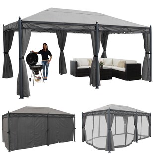 Pergola Calpe, Pavillon, stabiles 7cm-Gestell 5x3m ~ grau mit Seitenwand + Moskitonetz 