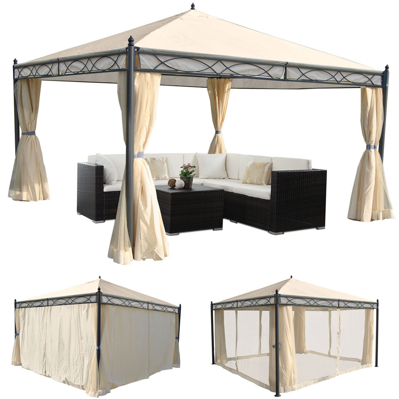 Pergola Calpe, Garten Pavillon, stabiles 7cm-Gestell mit Seitenwand + Moskitonetz ~ creme 4x4m 