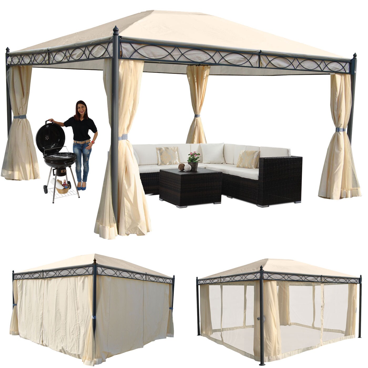 Pergola Calpe, Garten Pavillon, stabiles 7cm-Gestell mit Seitenwand + Moskitonetz ~ creme 4x3m 